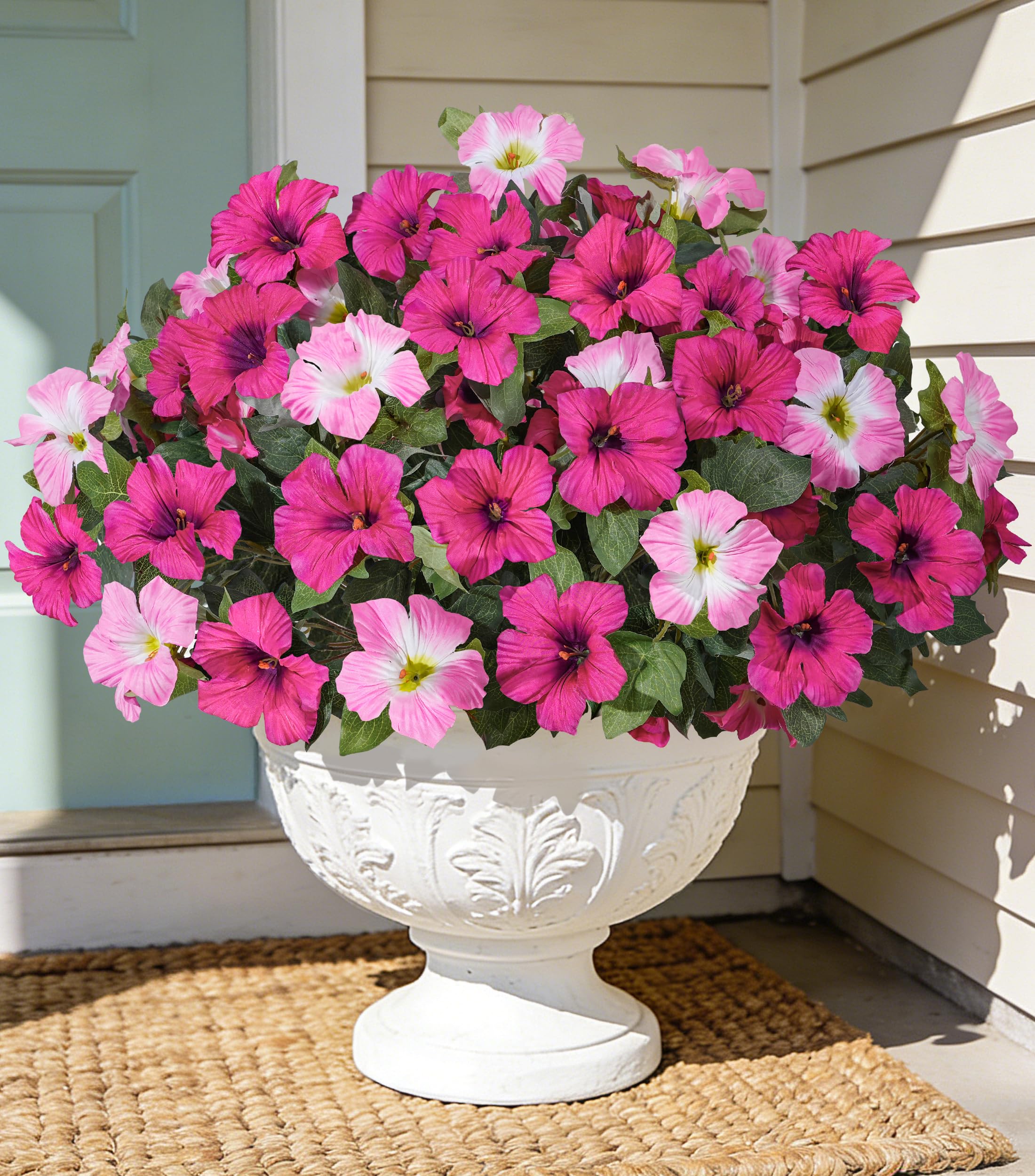 Photo 1 of HyeFlora Artificial Flowers for Outdoors 4PCS Faux Petunias Silk Fake Flowers for Outside Planter UV Resistant Realistic Home Garden Porch Decor (Pink)
