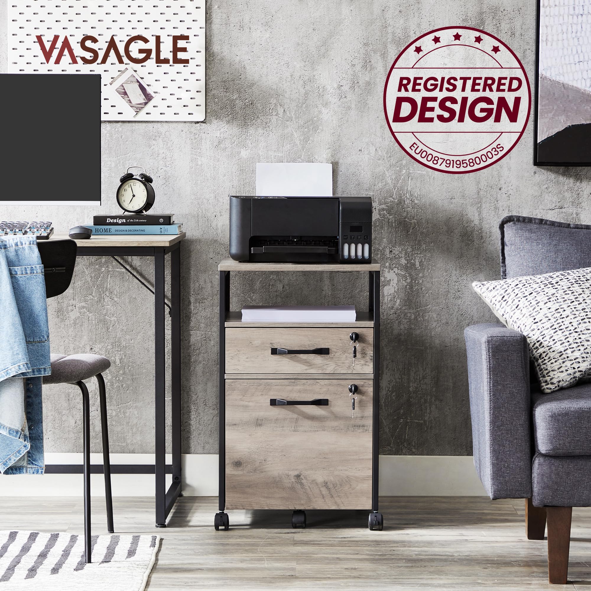 VASAGLE Rollcontainer, Aktenschrank mit 2 Schubladen, mobiler Büroschrank mit Rädern, offenes Fach, Hängeregistratur, Stahlgestell, Industrie-Design, greige meliert-tintenschwarz OFC077B02