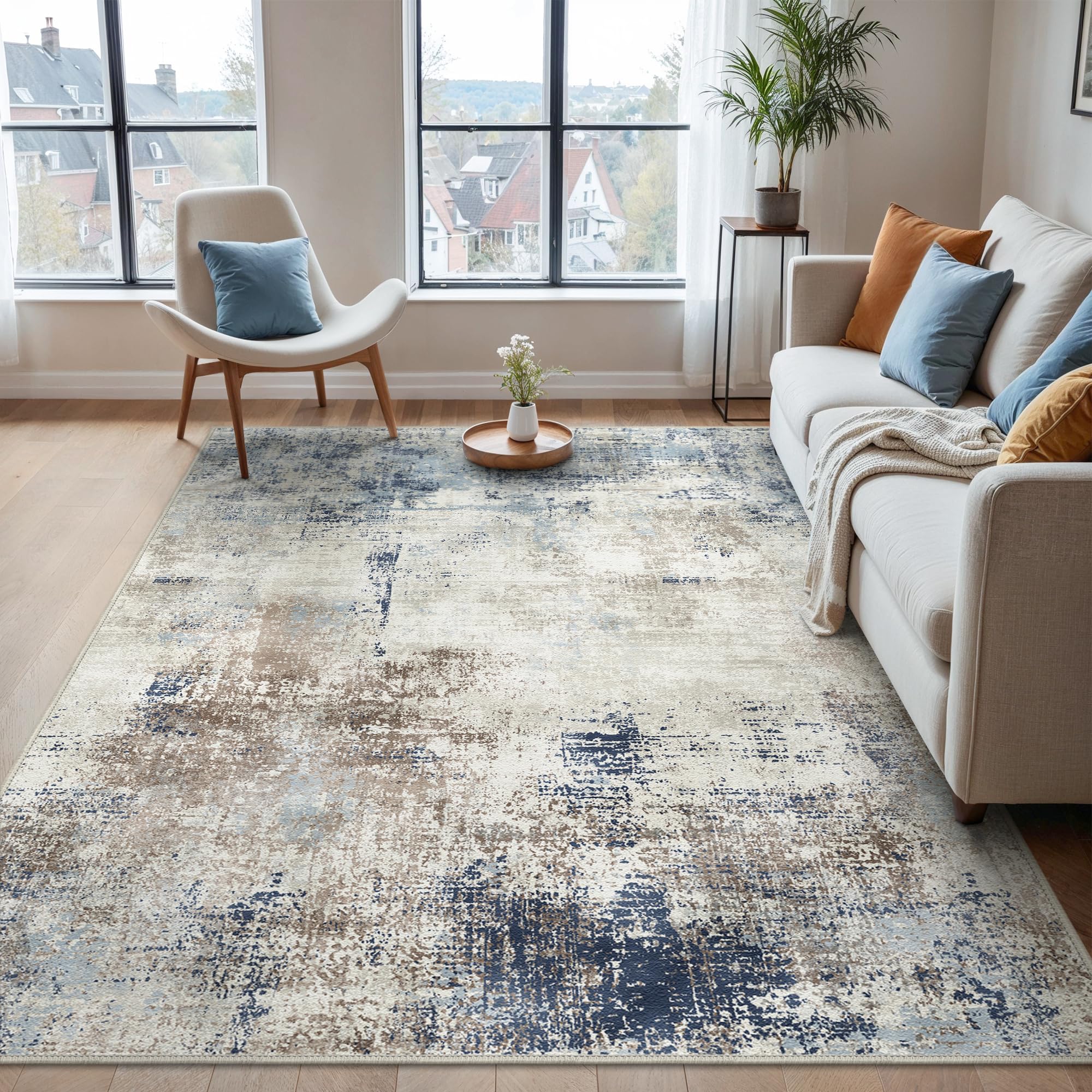 BEIMO Waschbarer Teppich Wohnzimmer, Abstrakt Design Teppich Schlafzimmer Kurzflor, Groß Teppiche rutschfest Weiche für Badezimmer Esszimmer Flur, 120X170CM, Blau