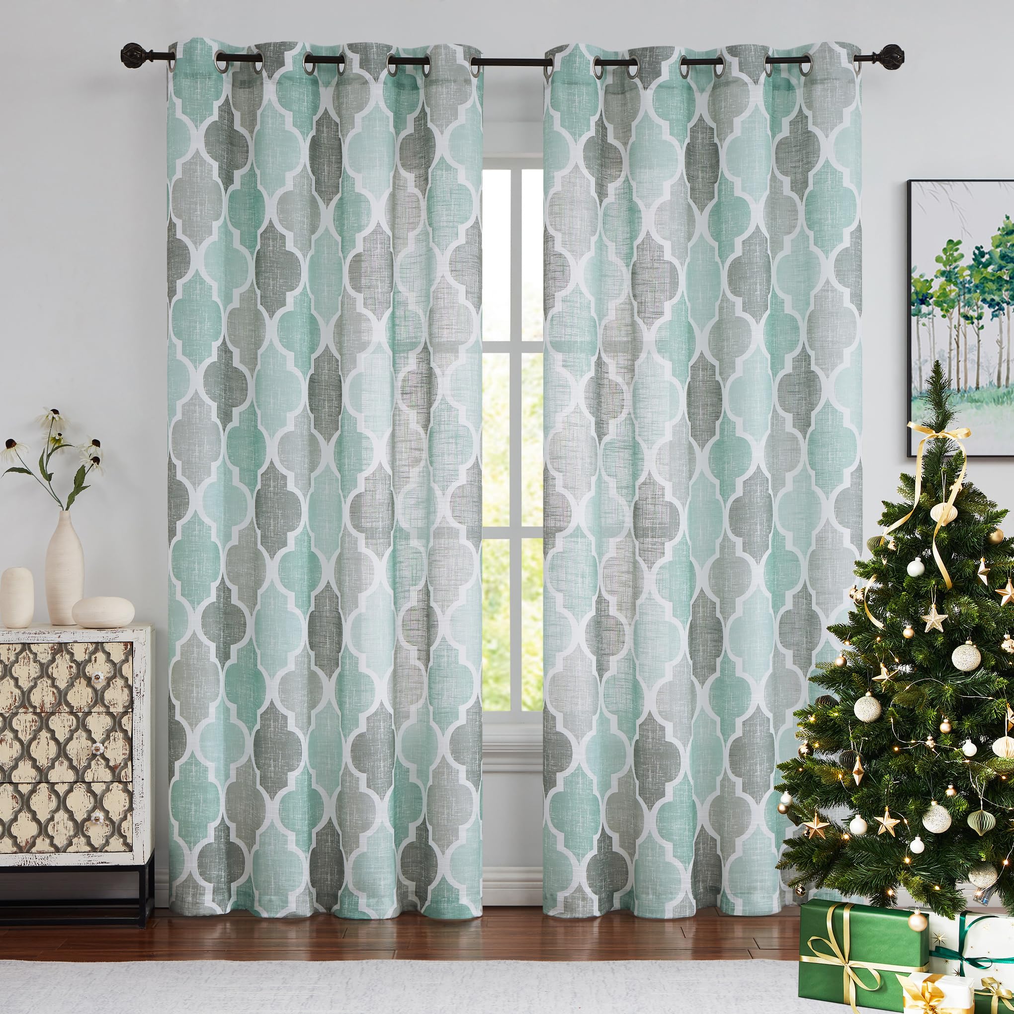 Beauoop Teal Grey Sheer Curtains for Bedroom 72 Inch Drop Voile Curtains for Living Room Geometric Print Linen Textured Curtain for Kitchen Farmhouse Lattice Window Curtain Drapes 2 Panels