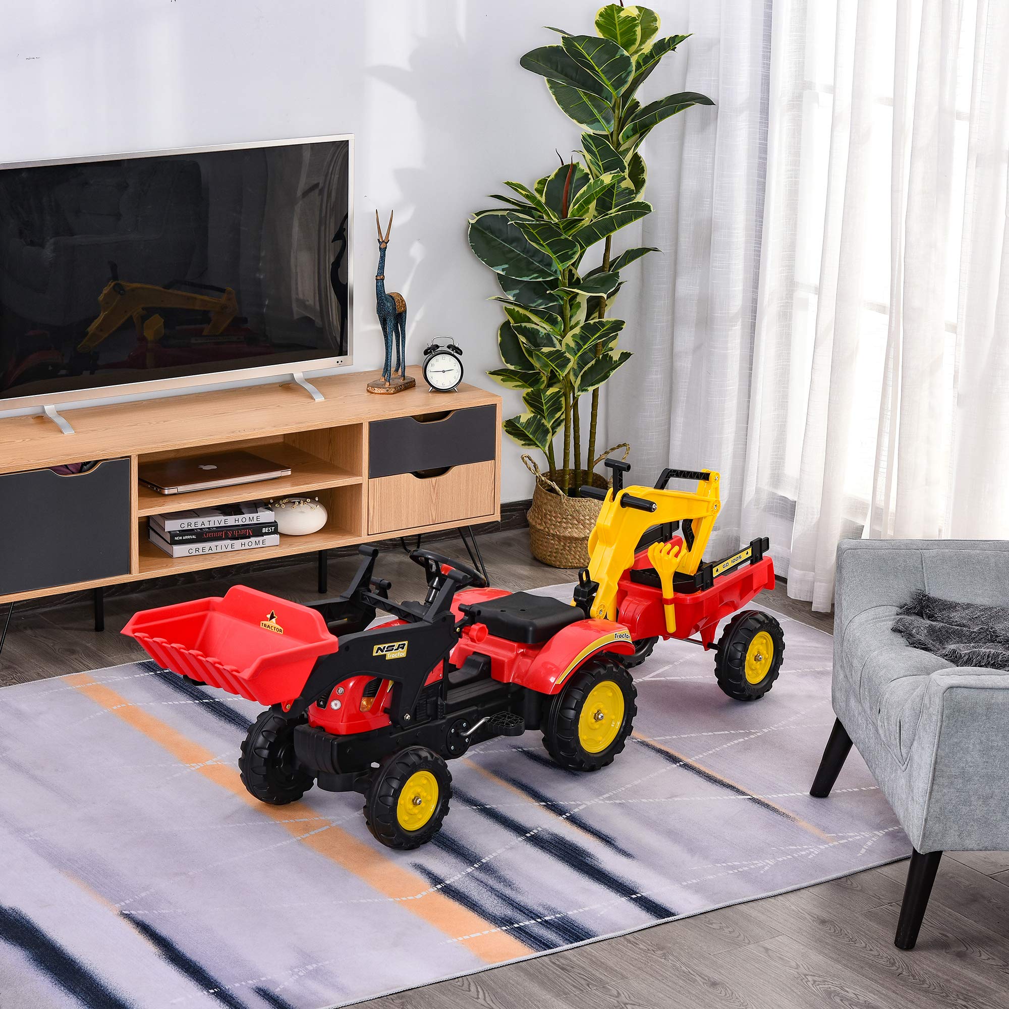 HOMCOM Trettraktor mit Anhänger, Frontlader, Verstellbarer Schaufel, Traktor Tretfahrzeug für Kinder ab 3 Jahren Rot