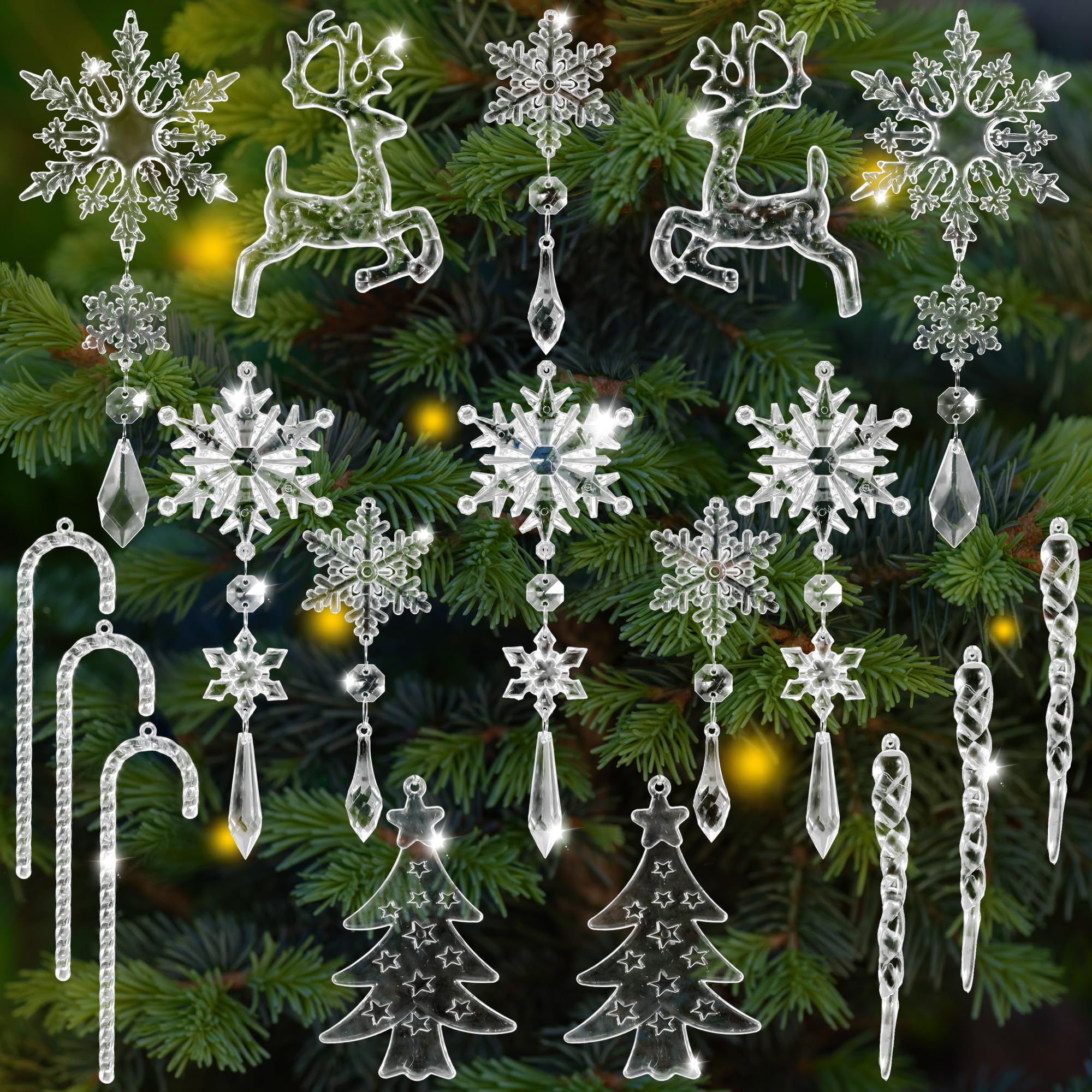 Décorations De Noël En Acrylique - 13 Pièces Flocons De Neige, Glaçons, Sapins - Cristal Transparent Avec Ficelle