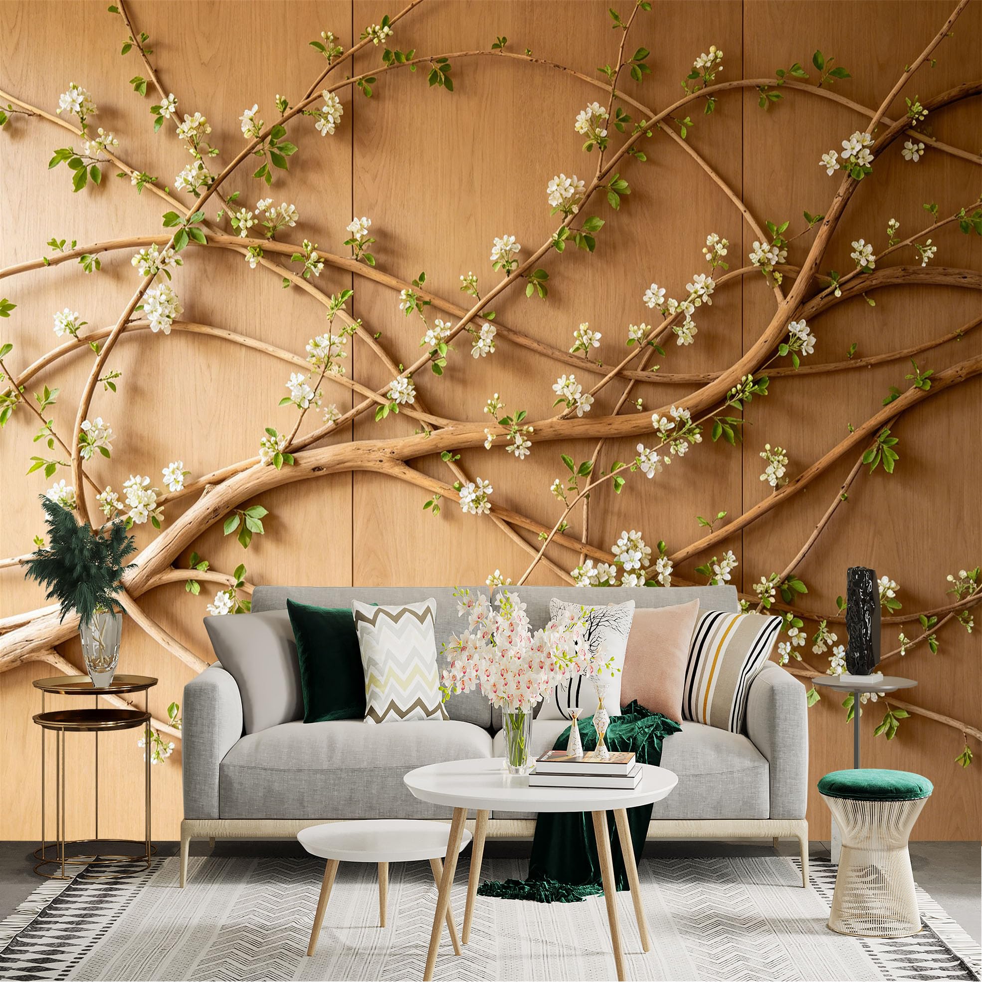 Lnzczhyre Dbh260521908 Custom Size Wall Sticker Mural， White Blossoming Vine Branches， Natural Wood Pattern Background， Minimalist Botanical Art， For Wall Decoration， Peelandstick Wall Decals.