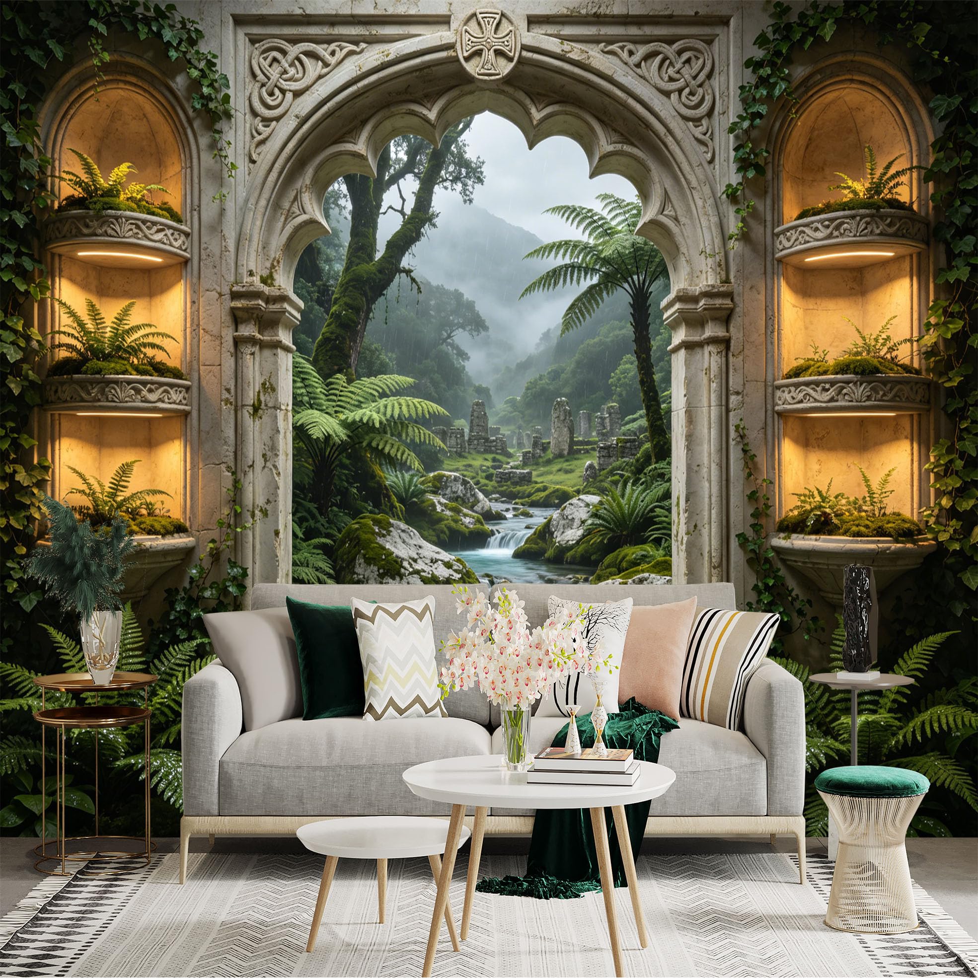 Custom Size Wall Sticker Mural， Ancient Stone Arch with Lush Green Forest， Waterfall and River View， for wall Decoration， peelandstick wall Decals.