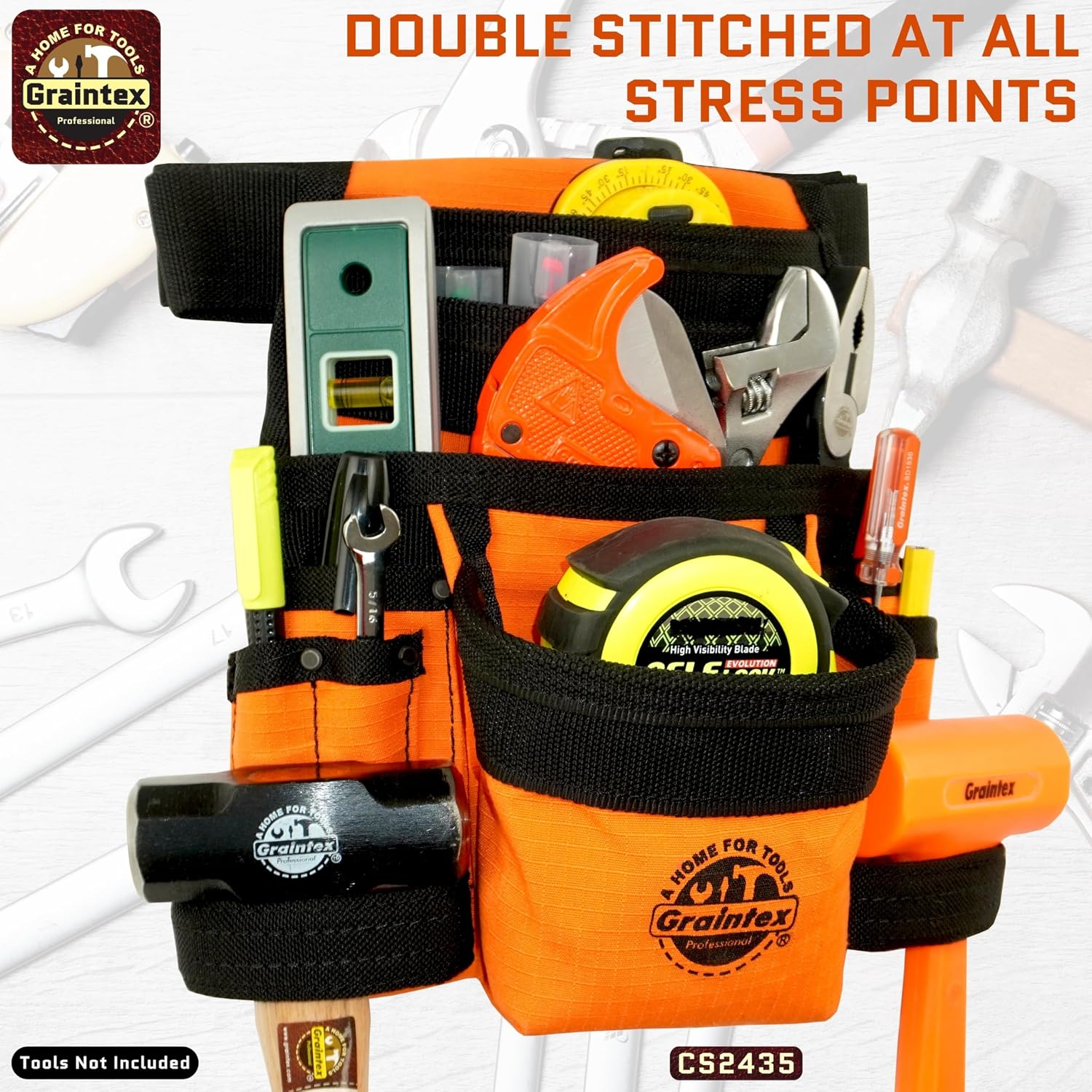 Graintex 10 Pocket Finisher Canvas Tool Pouch | Orange | 2' Webbing Belt | Multipurpose Durable Canvas Tool Bag with Balt | Electrician Tools, Plumbers Carpenters, Garden Belt, DIY, Drywallers