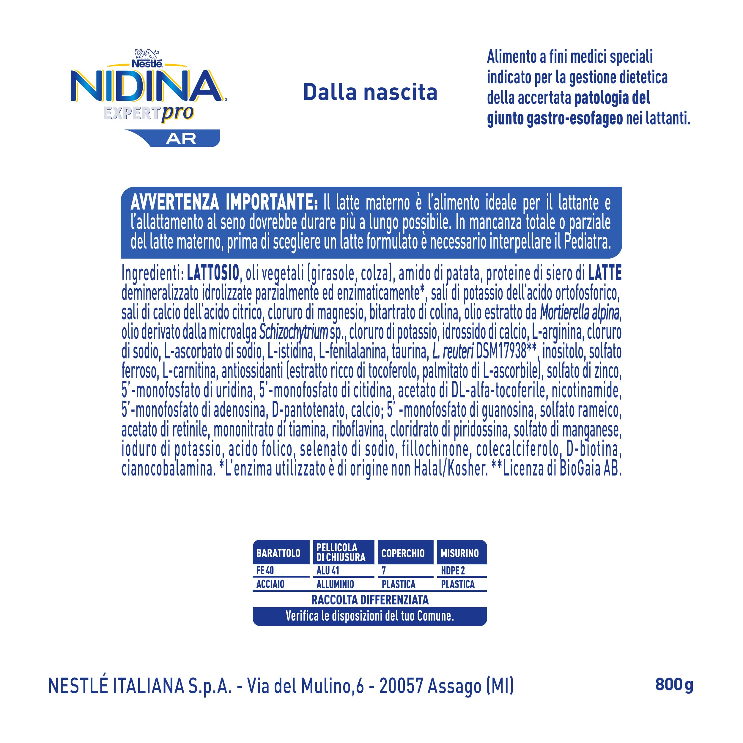 NIDINA EXPERT Pro AR Alimento a fini Medici Speciali in polvere, Latta 800g
