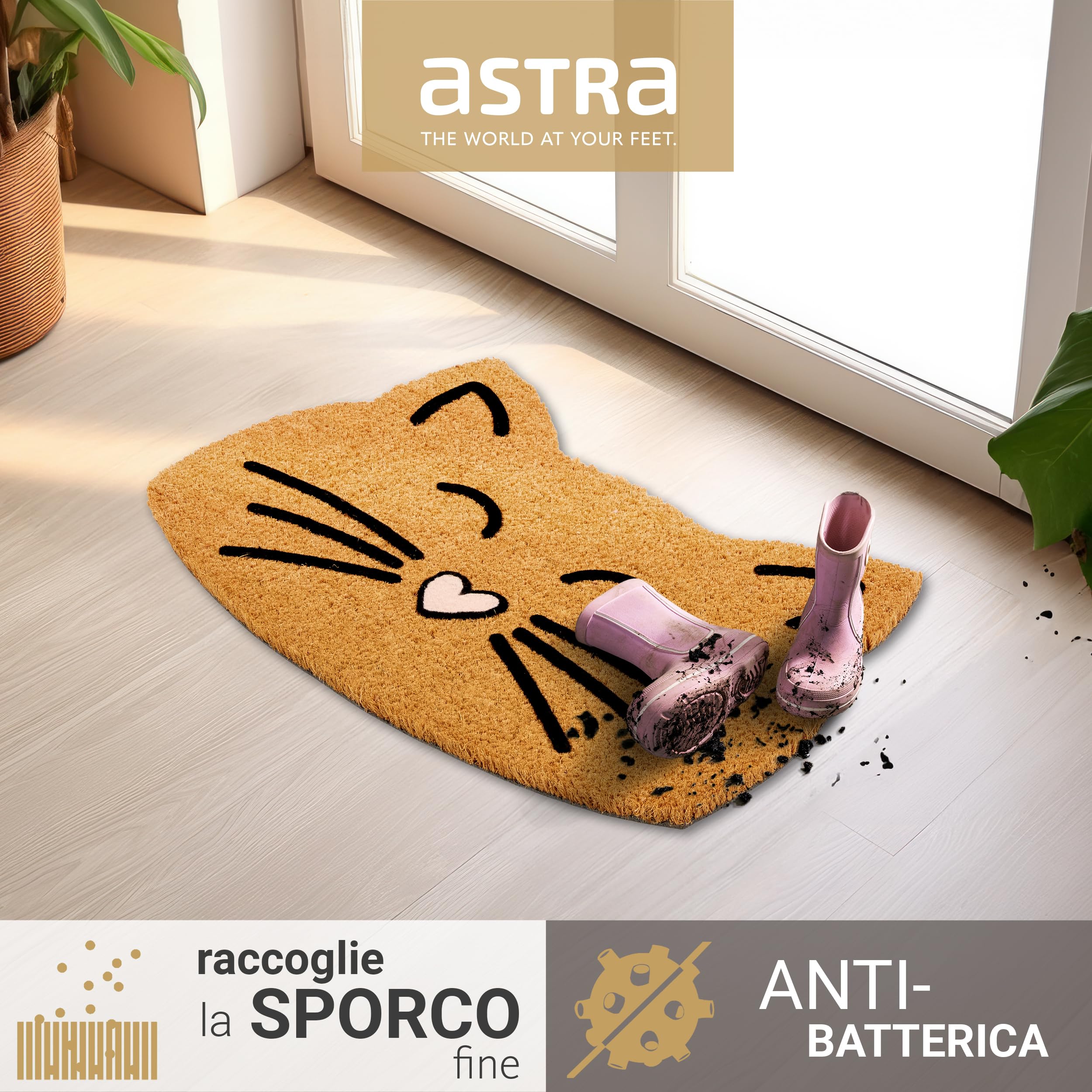 Zerbino Naturale in Cocco - Set di 2 Gatti 40x60cm - Antiscivolo Che Trattiene Lo Sporco - Per Porta Coperta da Spazio Esterno | Zerbino naturale per interni ed esterni, in cocco antiscivolo, con motivo