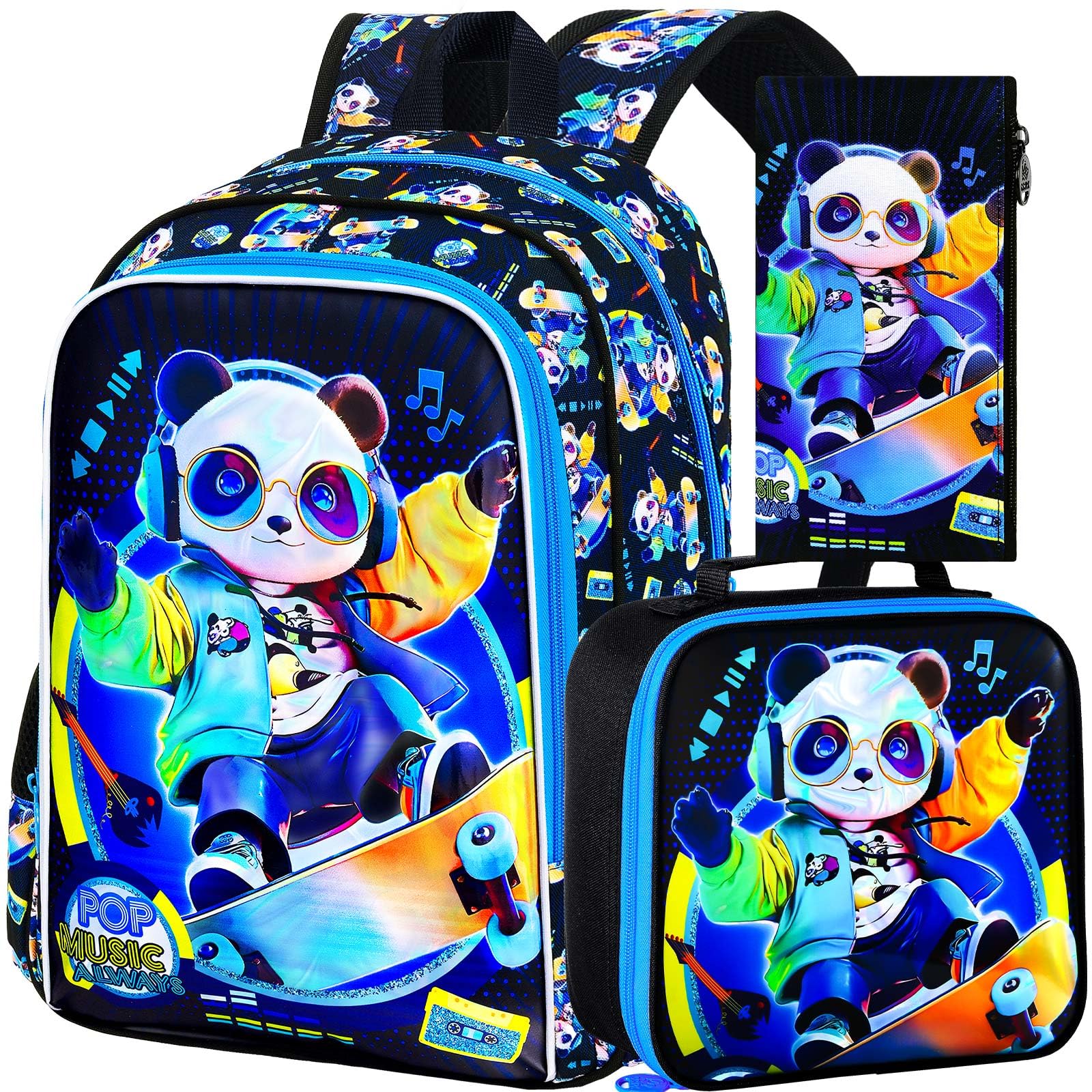 AGSDON 3PCS Kids Backpack for Boys, Panda Bookbag Preschool Kindergarten Elementary Backpacks with Lunch Box for Kids 6-8