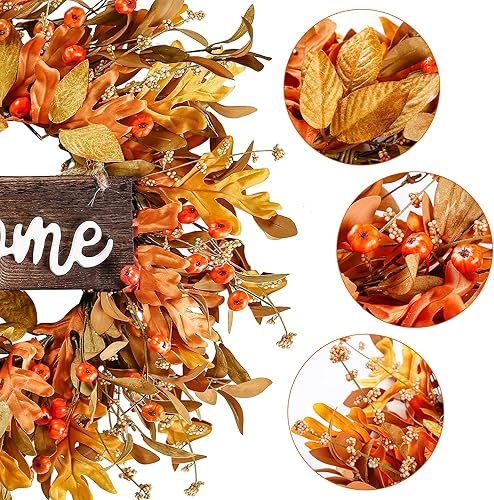 Vista 7 de Sggvecsy Artificial Fall Wreath - 18'' Autumn Front Door Wreath with Fall Leaves, Small Pumpkins, Cluster of Berries for Outside, Indoor, Wall
