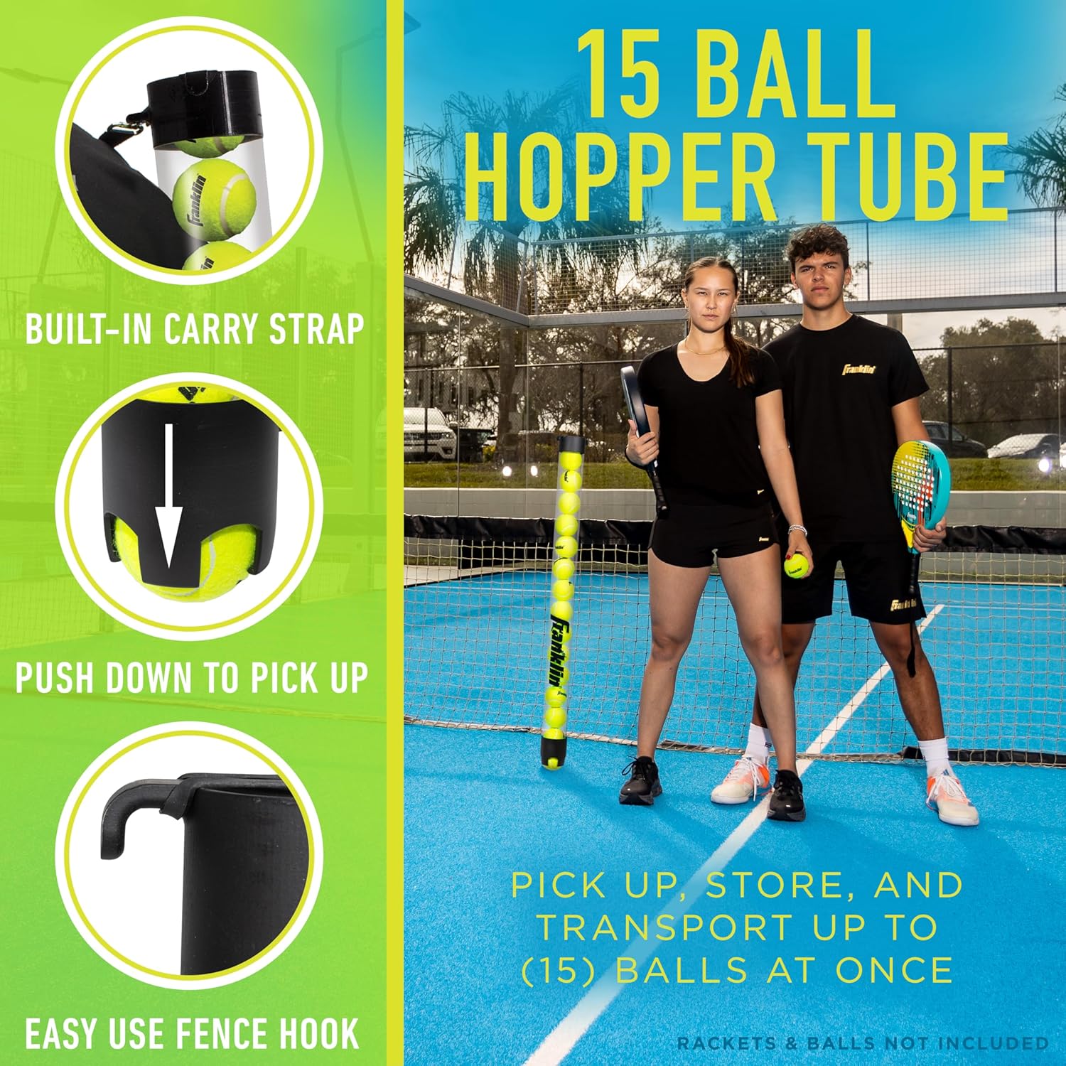 Franklin Sports Pickleball, Tennis + Padel Ball Hopper Tubes - (15) Tennis/Padel Ball + (13) Pickleball Picker Upper Tubes - Quick Pickup + Storage - Balls Not Included