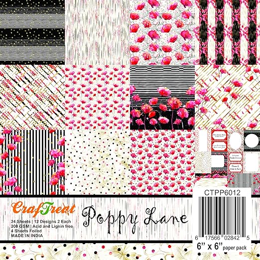 Flower Printed Paper Sheets for Craft - Poppy Lane - 12X12 Inches - 24 Sheets - Floral Pattern Paper for Scrapbook Decorative Items - Craft Pattern Paper Packs for Girls Decorations Paper