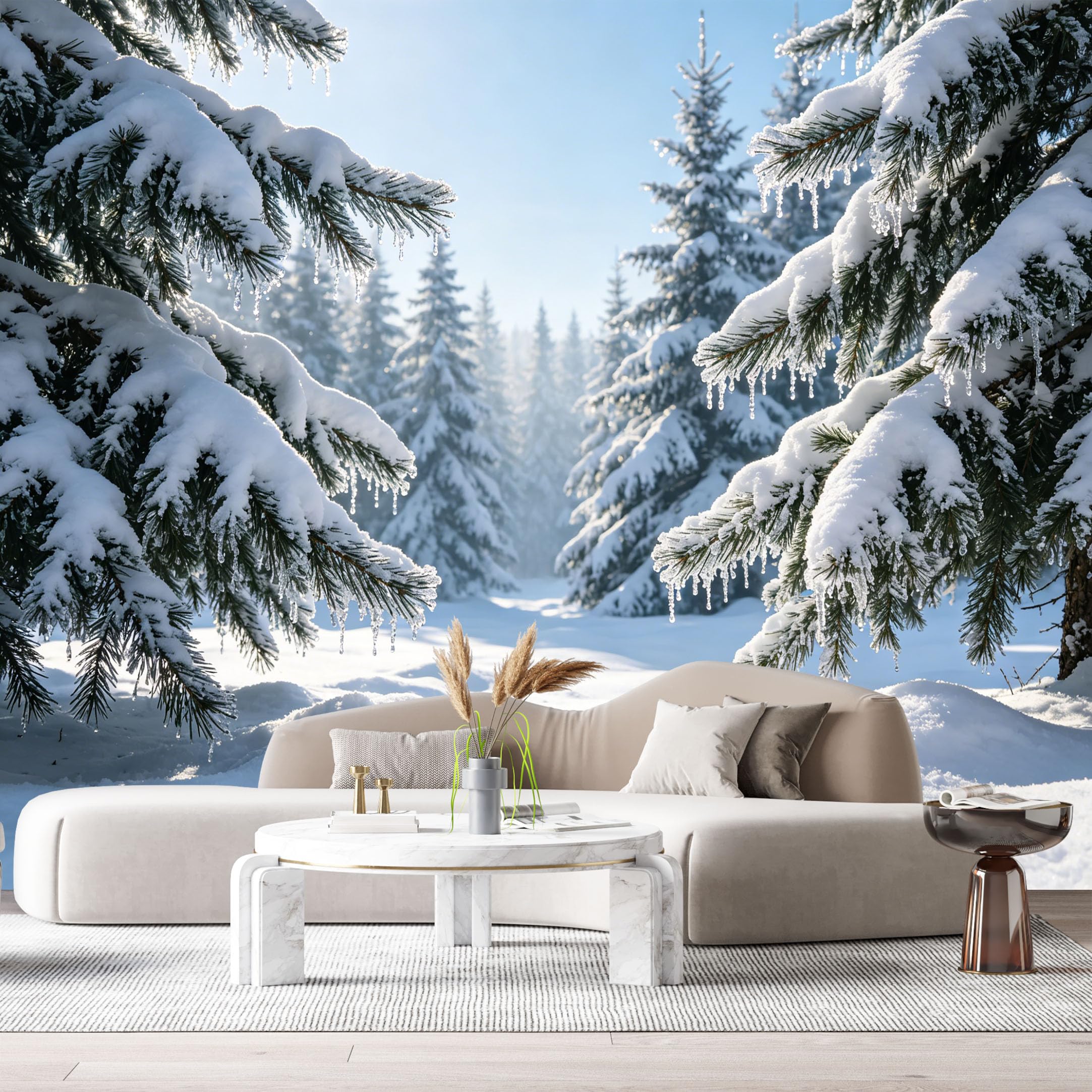 Custom Size Wall Murals Snowy Forest Landscape Winter Pine Trees Frosty Branches Nature Scene SelfAdhesive Wall Fabric Removable Large Wallpaper for Photo Living Room