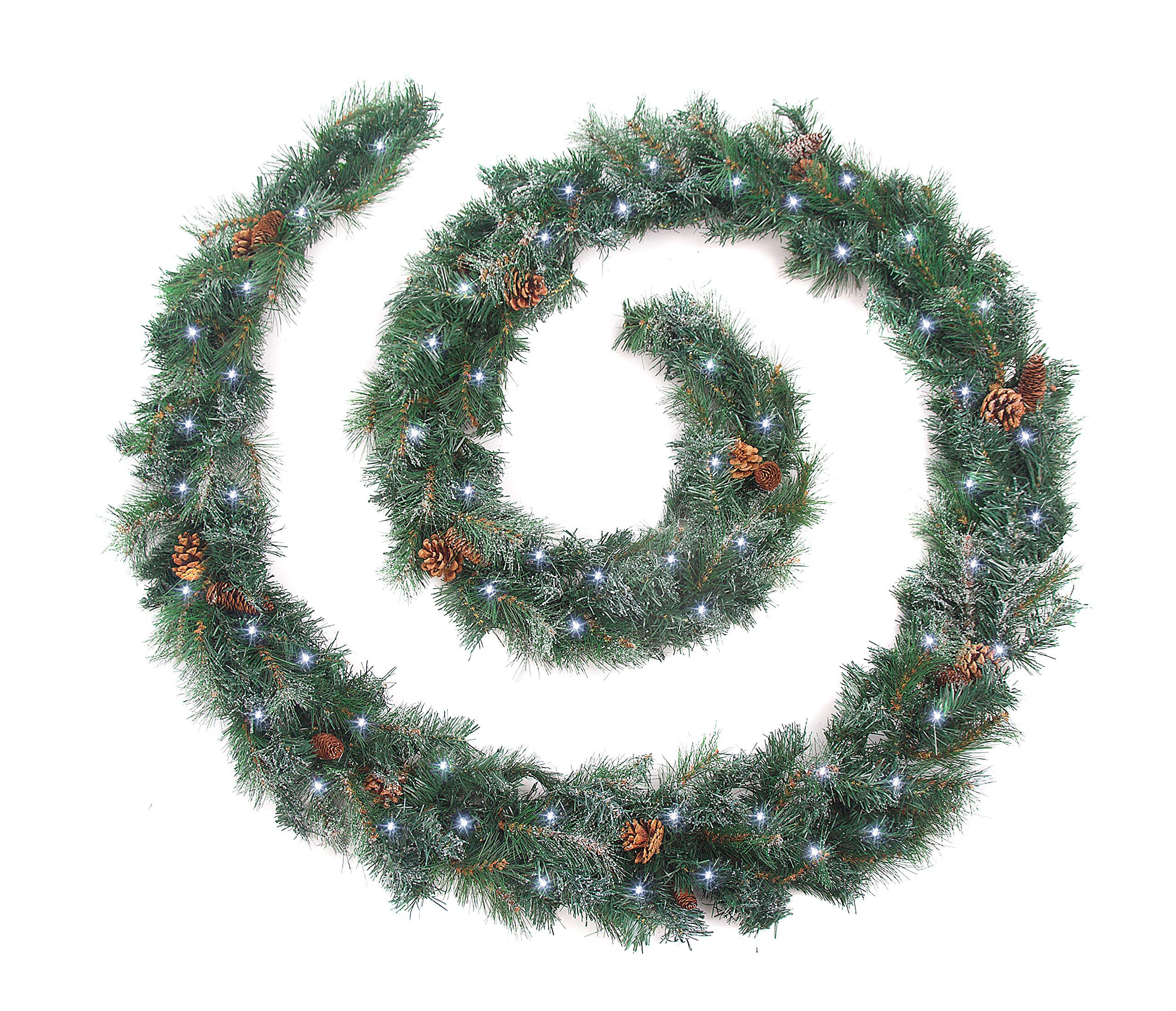 Best Artificial Frosted Colorado Pine Christmas Garland with Pine Cones Indoor Xmas with Bright White LED Battery Lights (12ft / 360cm)