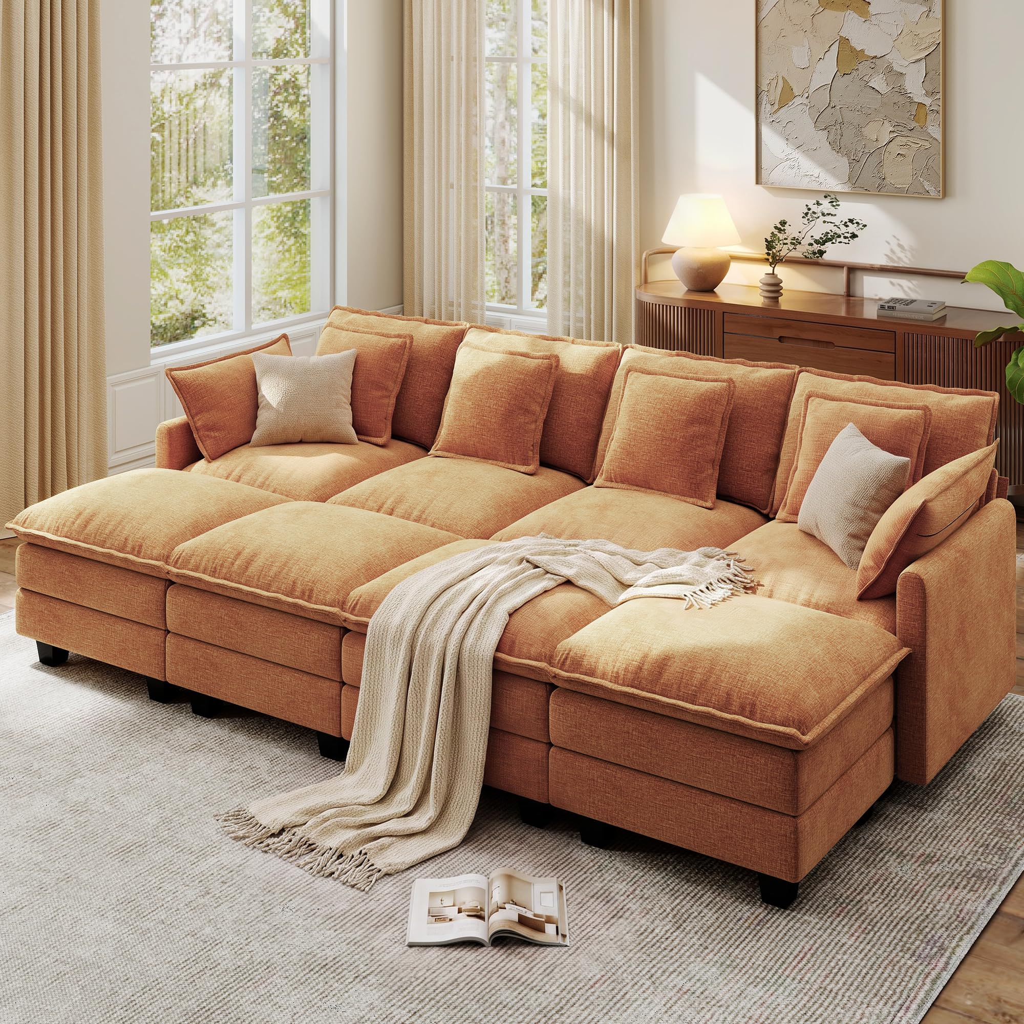 Ihanherry 107" Modular Sectional Cloud Sofa, Convertible Sofa Bed 8 Seat Chenille Couch with Movable Ottomans and 48" Deep Seat, Couches for Living Room, Orange