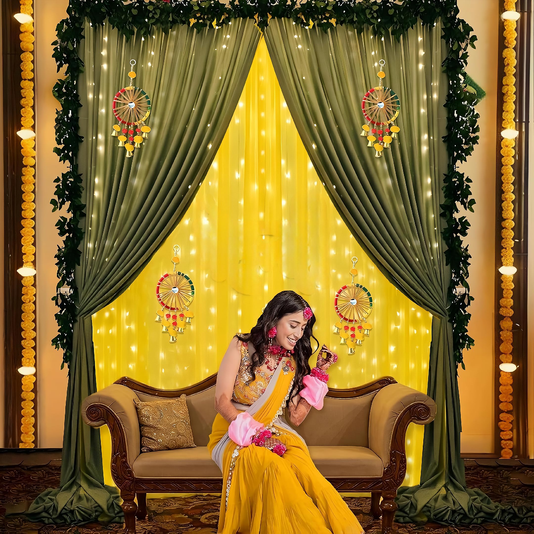 Floroom Yellow Backdrop Cloth for Decoration with Lotus Hangings - 8 Pcs Haldi Decor Items for Home, Backdrop for Pooja, Haldi Backdrop Decoration Set, Wedding, Festive Decor (Haldi_45) (Haldi_24)