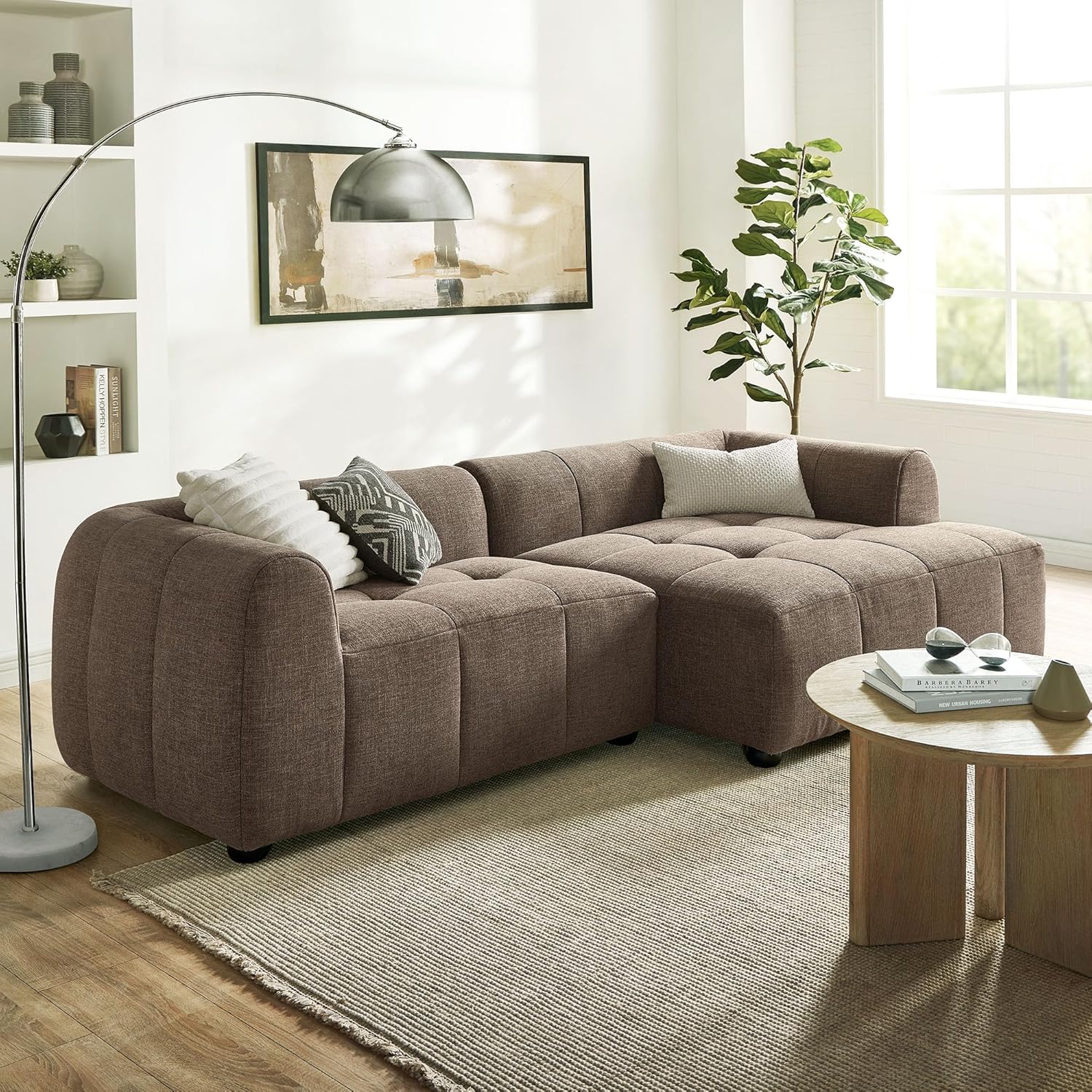 Modway Liana Right-Facing Modular Sofa with Chaise in Mocha - Modern Sectional Sofa Couch Furniture Set - Upholstered Fabric Chaise and Chair for Living Room, Lounge, Apartment