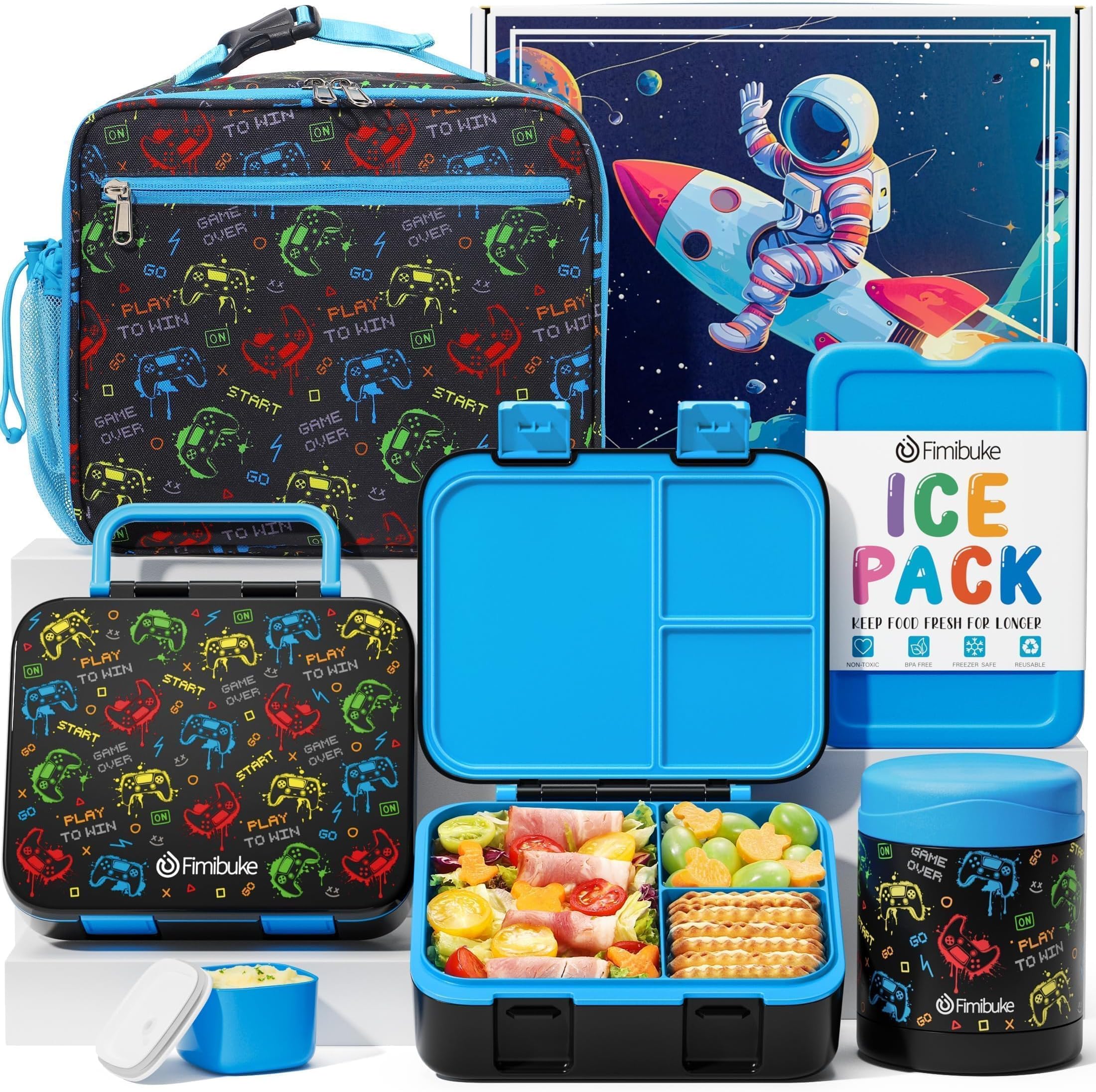 Fimibuke Bento Lunch Box for Kids, 3-Compartment 32OZ Snack Lunch Container, Lunch Bag, 12OZ Insulated Food Jar & Ice Pack Set for Age 3-12 School Daycare Toddler Teen Girls Boys, Gamepad