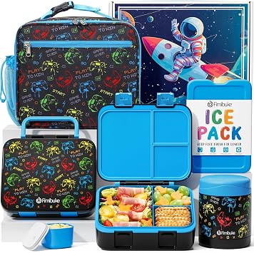 Fimibuke Bento Lunch Box for Kids, 3-Compartment 32OZ Snack Lunch Container, Lunch Bag, 12OZ Insulated Food Jar & Ice Pack Set for Age 3-12 School Daycare Toddler Teen Girls Boys, Gamepad