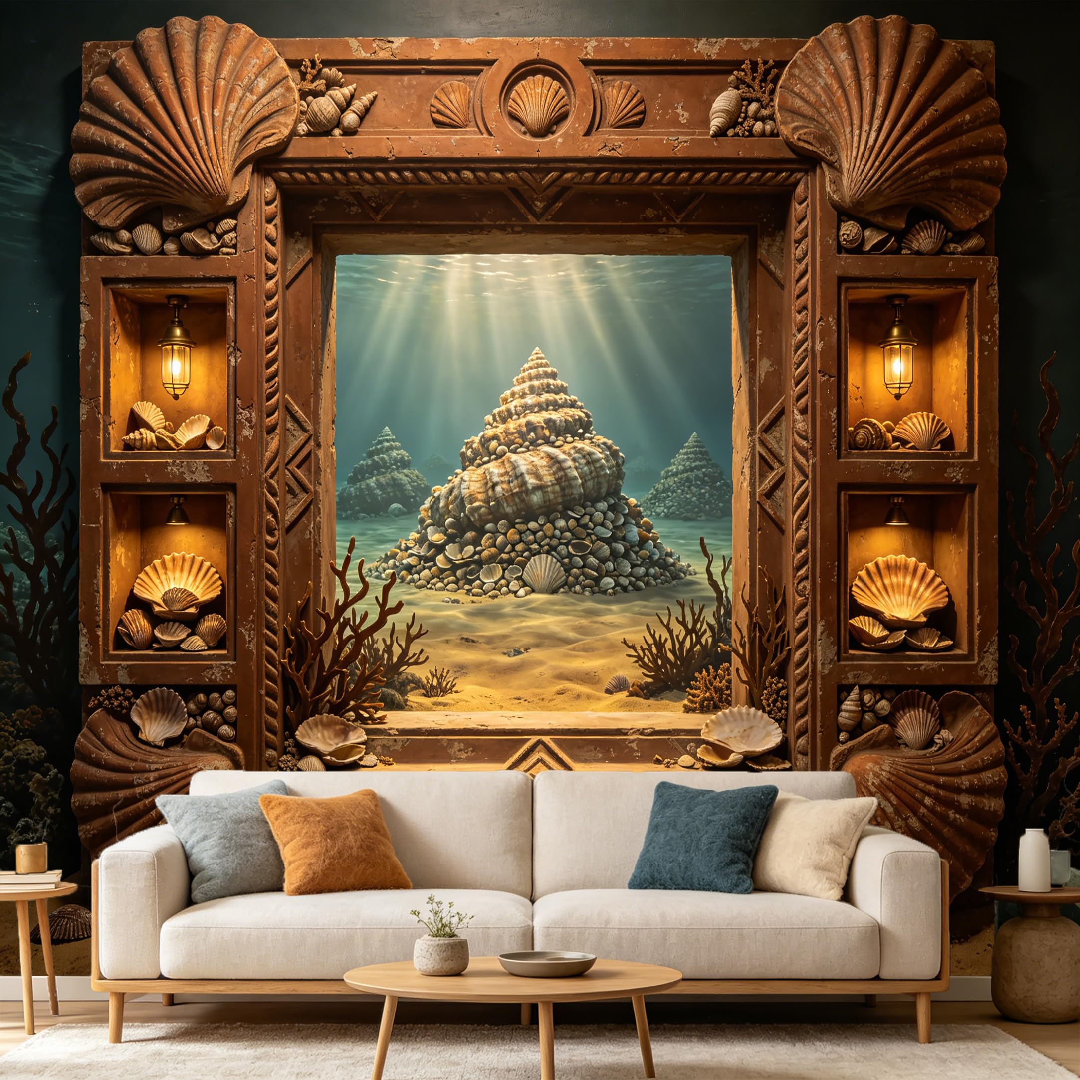 Custom Size Wall Mural 3D Undersea Seashell Sand Ocean View Frame， SelfAdhesive Art Prints wall Fabric Removable Large Wallpaper Home Living Room Decor Nautical Style