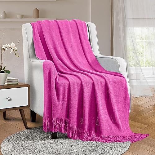Miniatura 2 de Vonty Manta de punto rosa intenso con borlas y flecos, 60 x 80 pulgadas, manta de punto súper suave, manta ligera decorativa de granja para sofá,