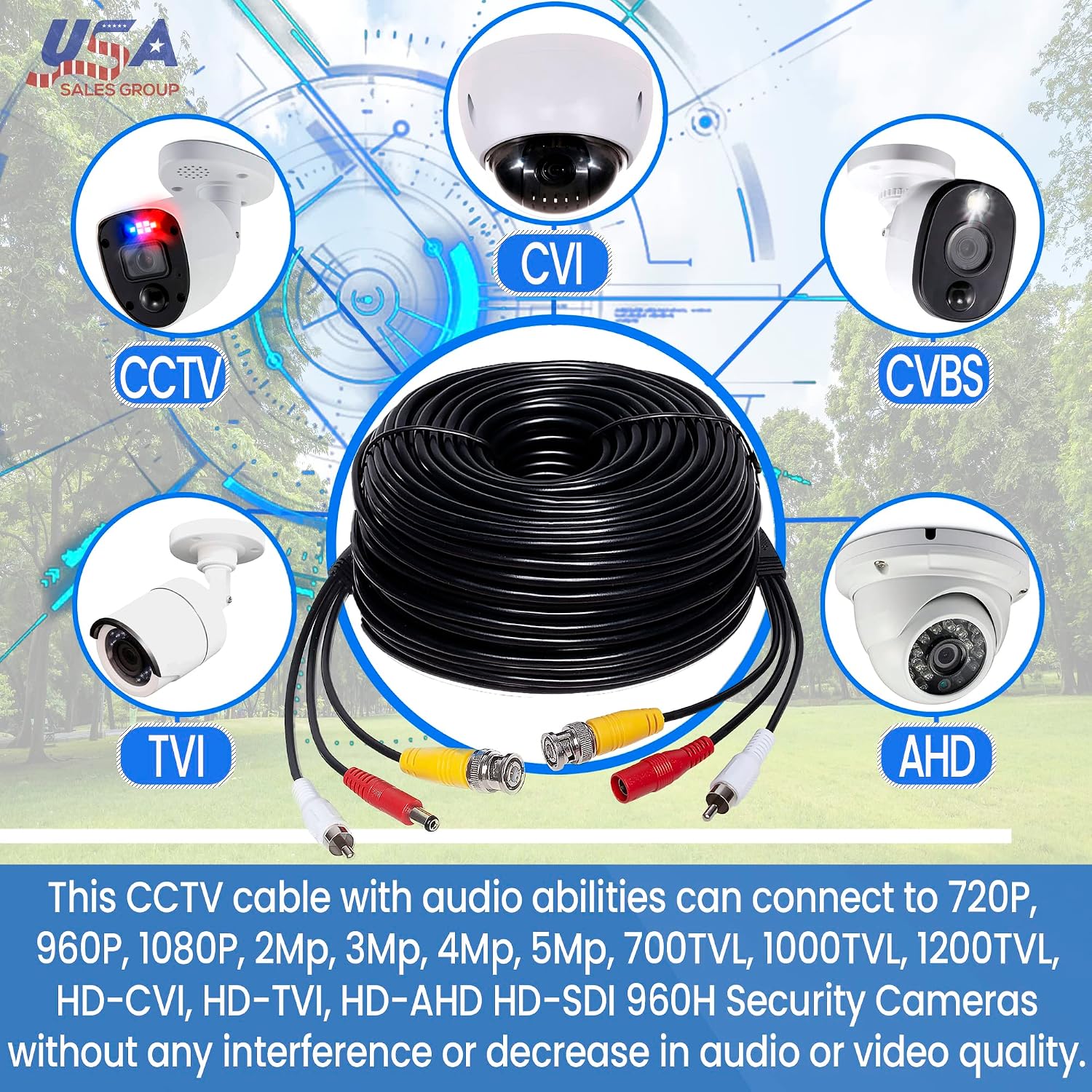 USA Sales Group 100ft HD Audio Video Power Security Camera Cable Copper for CCTV DVR Surveillance System, Wire RCA Cord Extension- Gift BNC Connectors- 30 m 3-in-1 Pre-Made All-in-One
