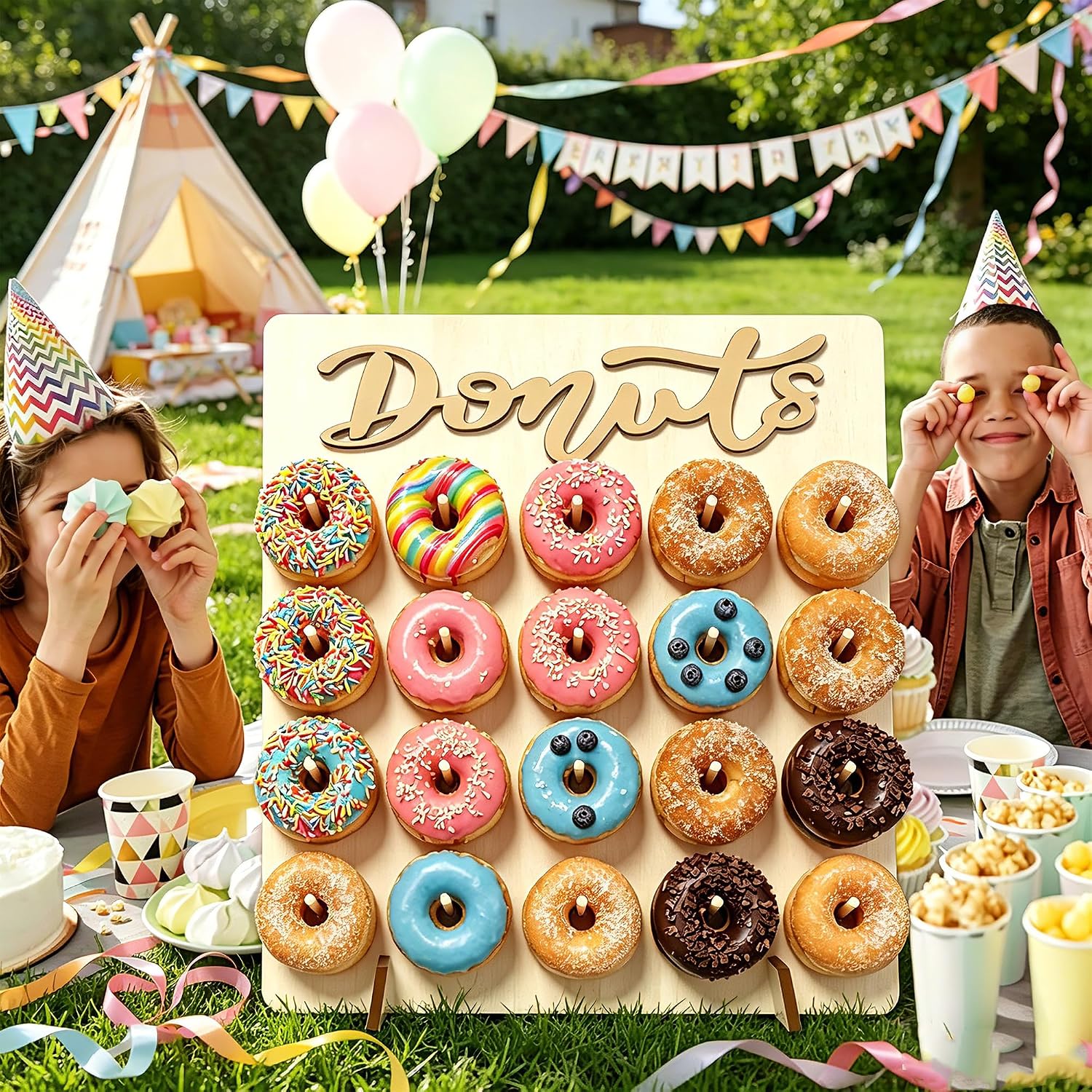 Wooden Donut Wall Display Stand, Holds 20 Donuts Doughnut Peg Board Holder for Birthday Wedding Baby Shower Donut Party Dessert Table Decorations