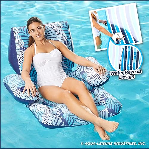 Miniatura 6 de Aqua Deluxe Silla de piscina con contorno, tela de lujo,piscina para sentarse al sol, flotador para adultos, alta resistencia, helechos azulblanco.