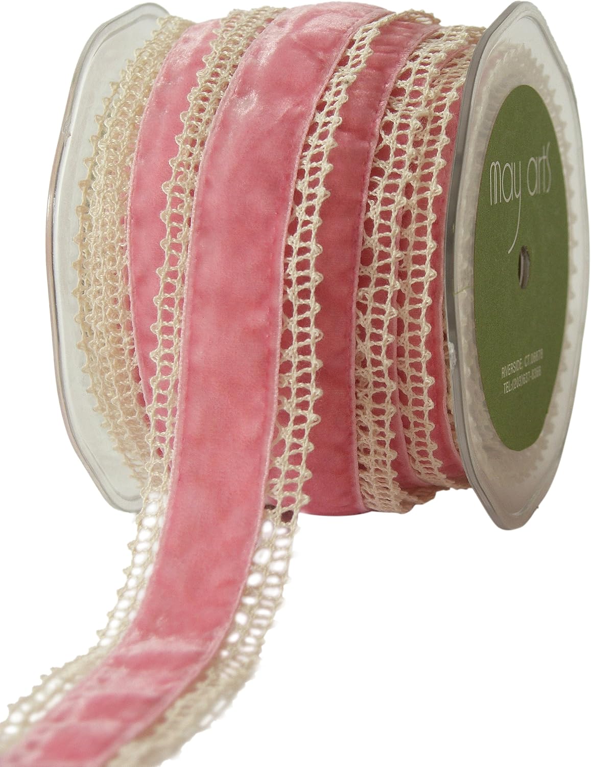 May Arts 1-1/2-Inch Wide Ribbon, Ivory Crochet with Light Blue Velvet