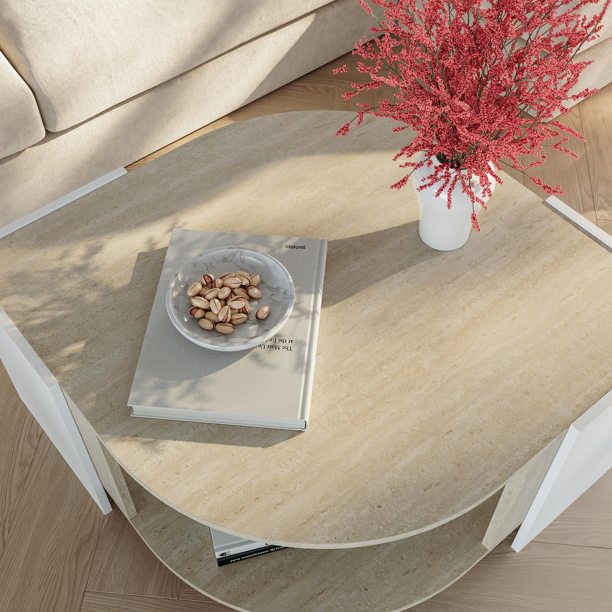 [en.casa] Tavolino Centrale da Salotto con Piano Curvo Tavolo Basso da Caffè con Ripiano Vano Aperto per Soggiorno Living Studio 75 x 75 x 40 cm - Bianco/Color Avorio Travertino