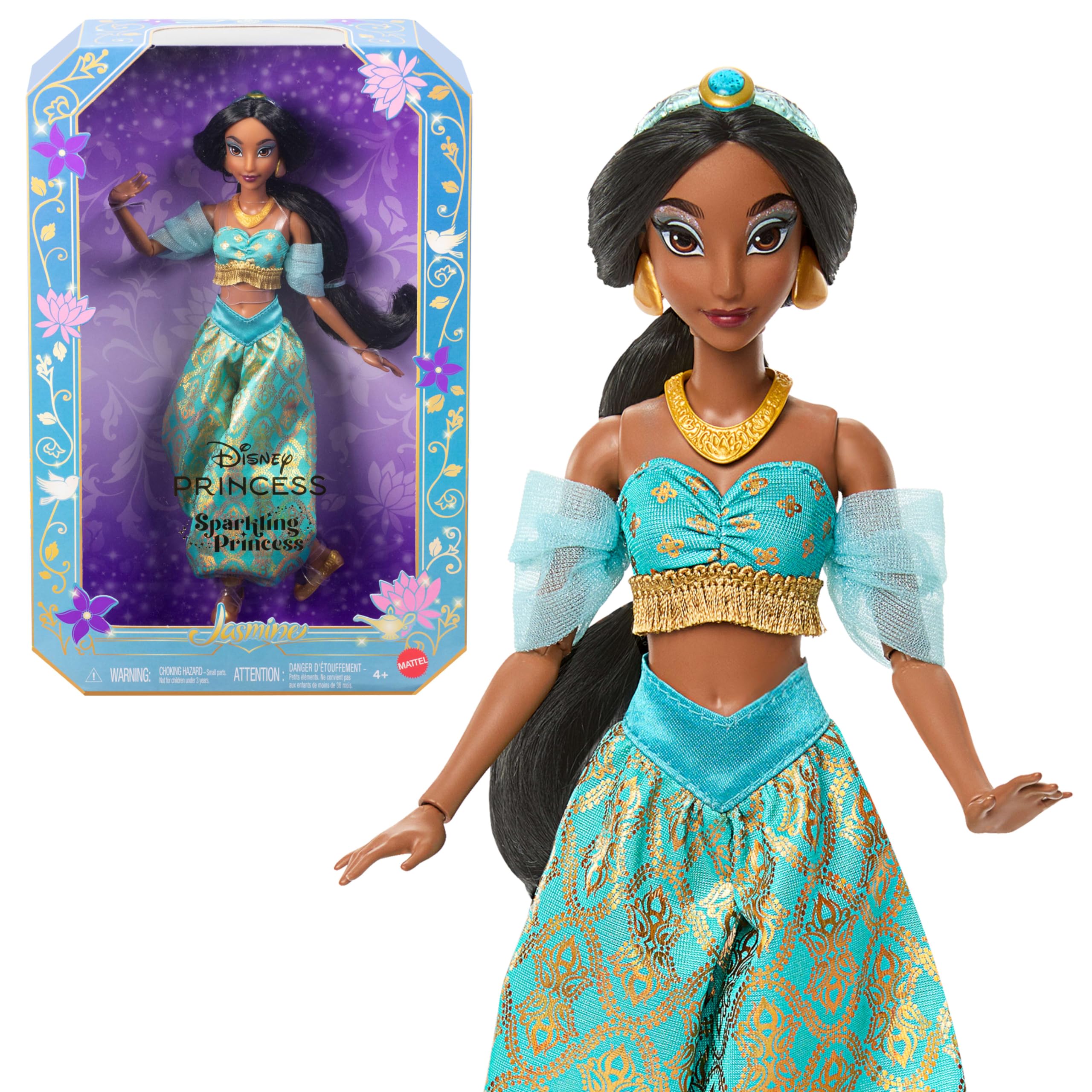 Mattel Disney Princess Jasmine Sparkling Princess Fashion Doll & Accessories with Removable Outfit, Shoes, Necklace & Earrings, Inspired by Movie