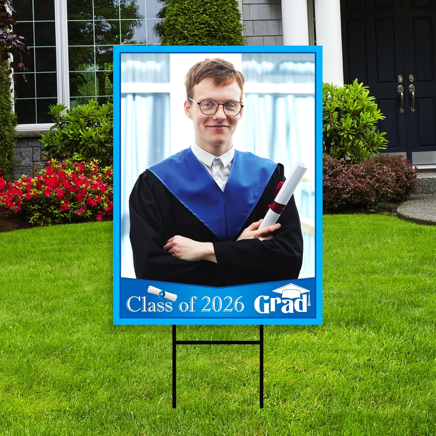 Personalized Graduation Yard Sign 2026 with Photo 18"x24" - Grad Sign, Class of 2026, Custom Graduation 2026 Yard Sign with Metal H-Stake, VP565 (Navy)