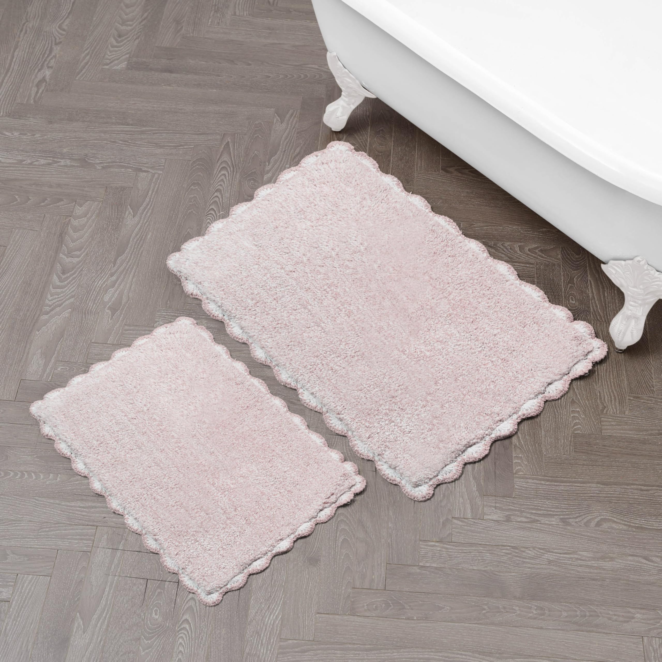 Laura Ashley Heathered Crochet Border 100% Cotton 17" x 24" / 20" x 32" 2-Piece Skid-Resistant Bath Rug Set, Blush Pink