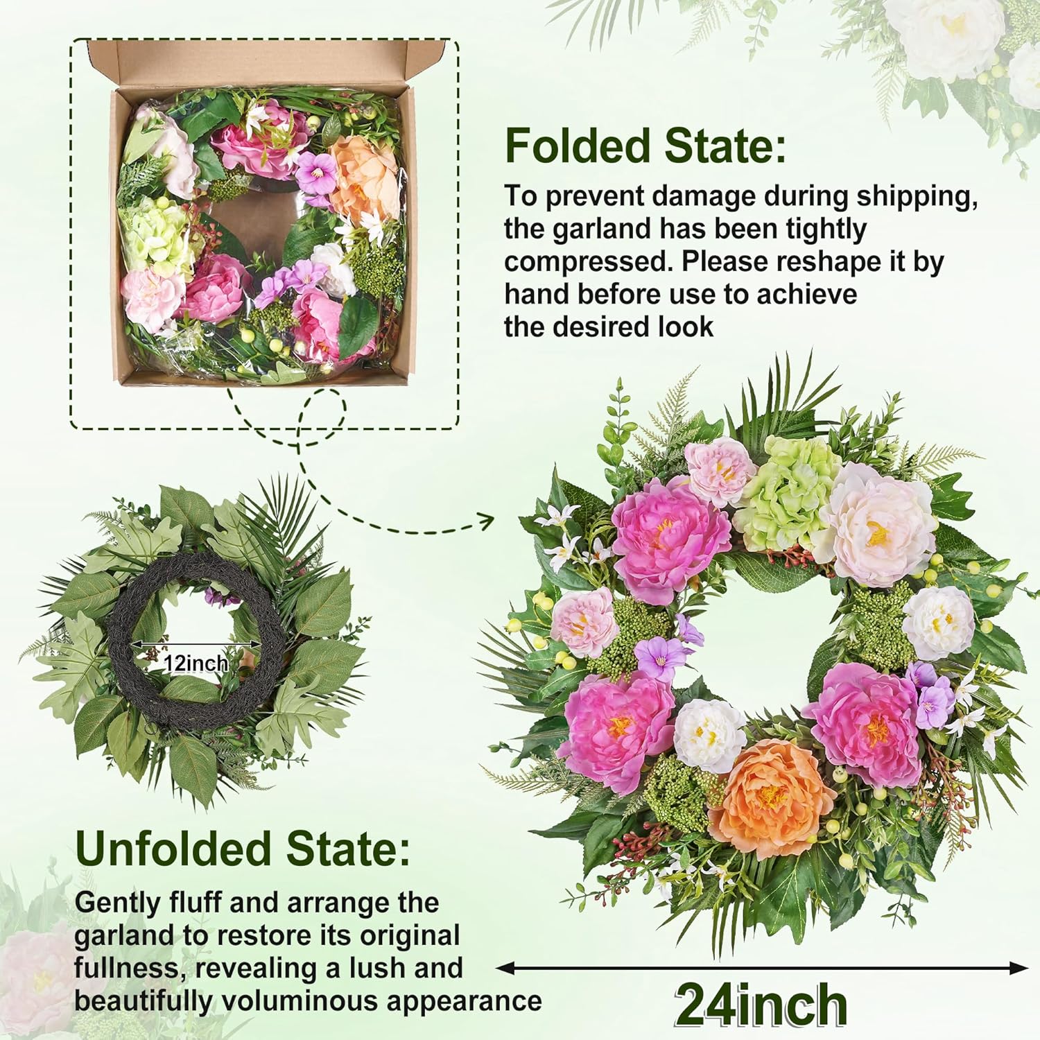 24 Inch Spring Wreaths for Front Door: Realistic Silk Peonies & Hydrangeas with Berry Greenery, Faux Flower Wreath for All Seasons, Indoor Outdoor Decor for Porch, Wall, Wedding, Farmhouse, Home