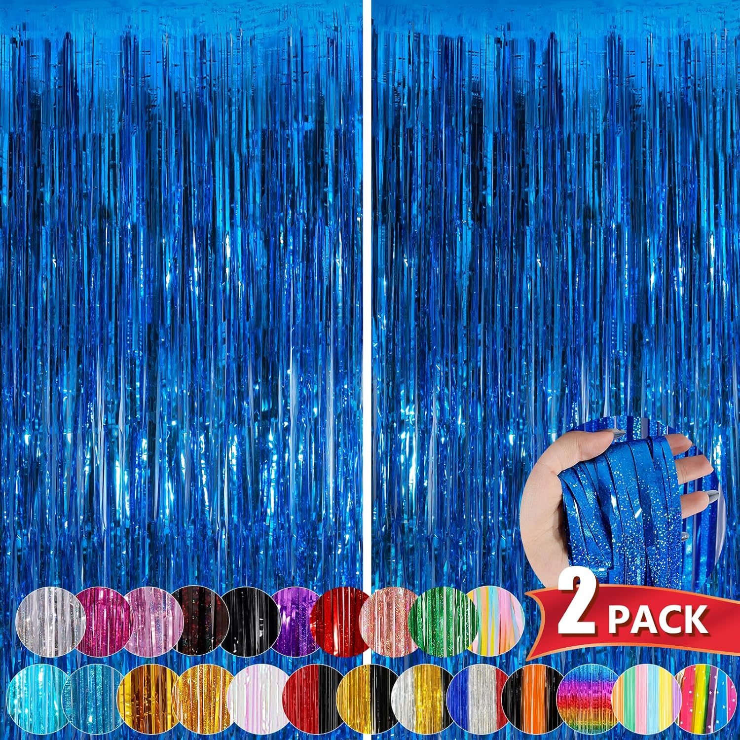 Blue Metallic Tinsel Foil Fringe Curtains, 2 Pack 3.3x8.3