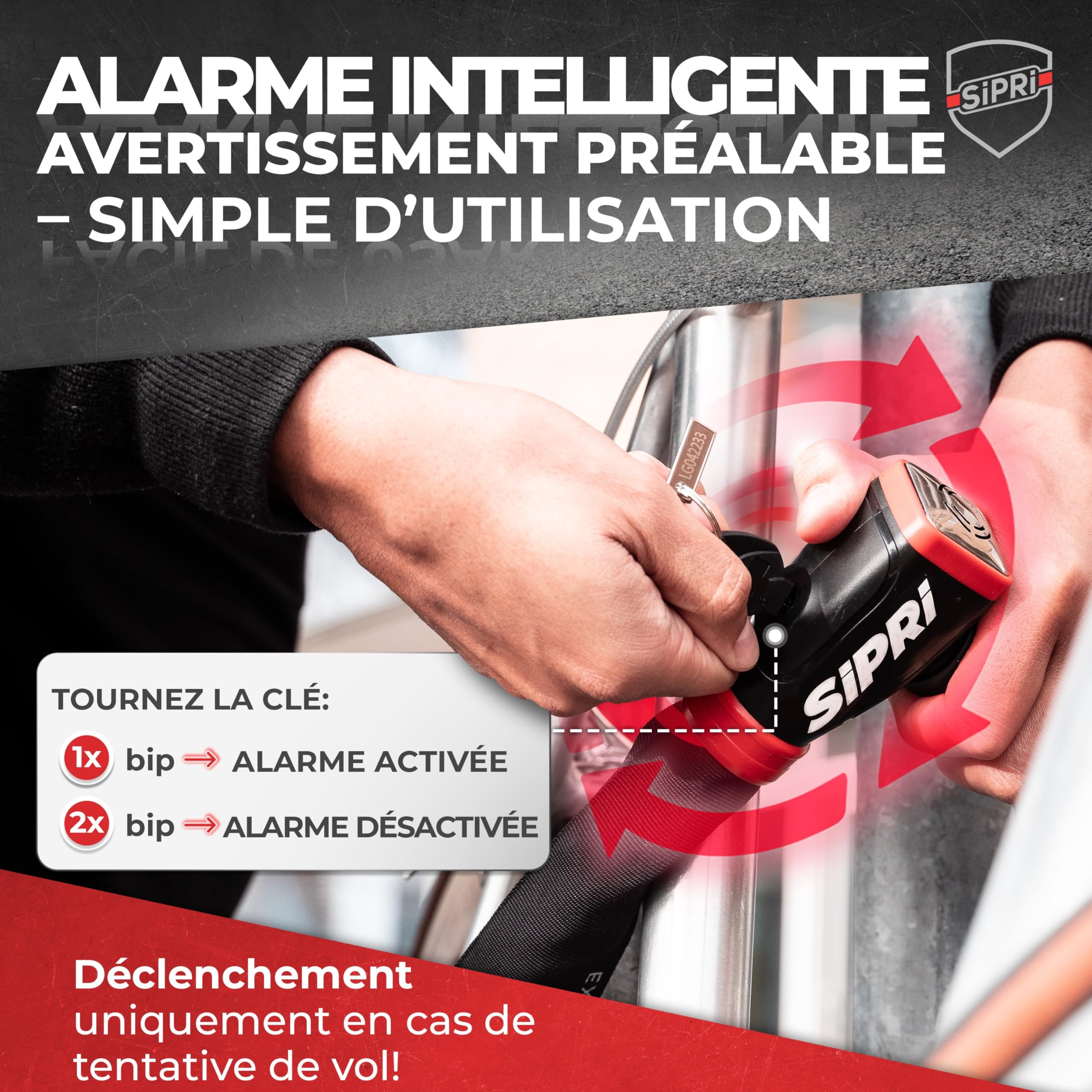 SIPRI Antivol pour vélo avec alarme 120 dB | Antivol à chaîne pour vélo | électrique, scooter électrique, moto, 8 mm en acier, résistant aux intempéries, robuste, durable, clé