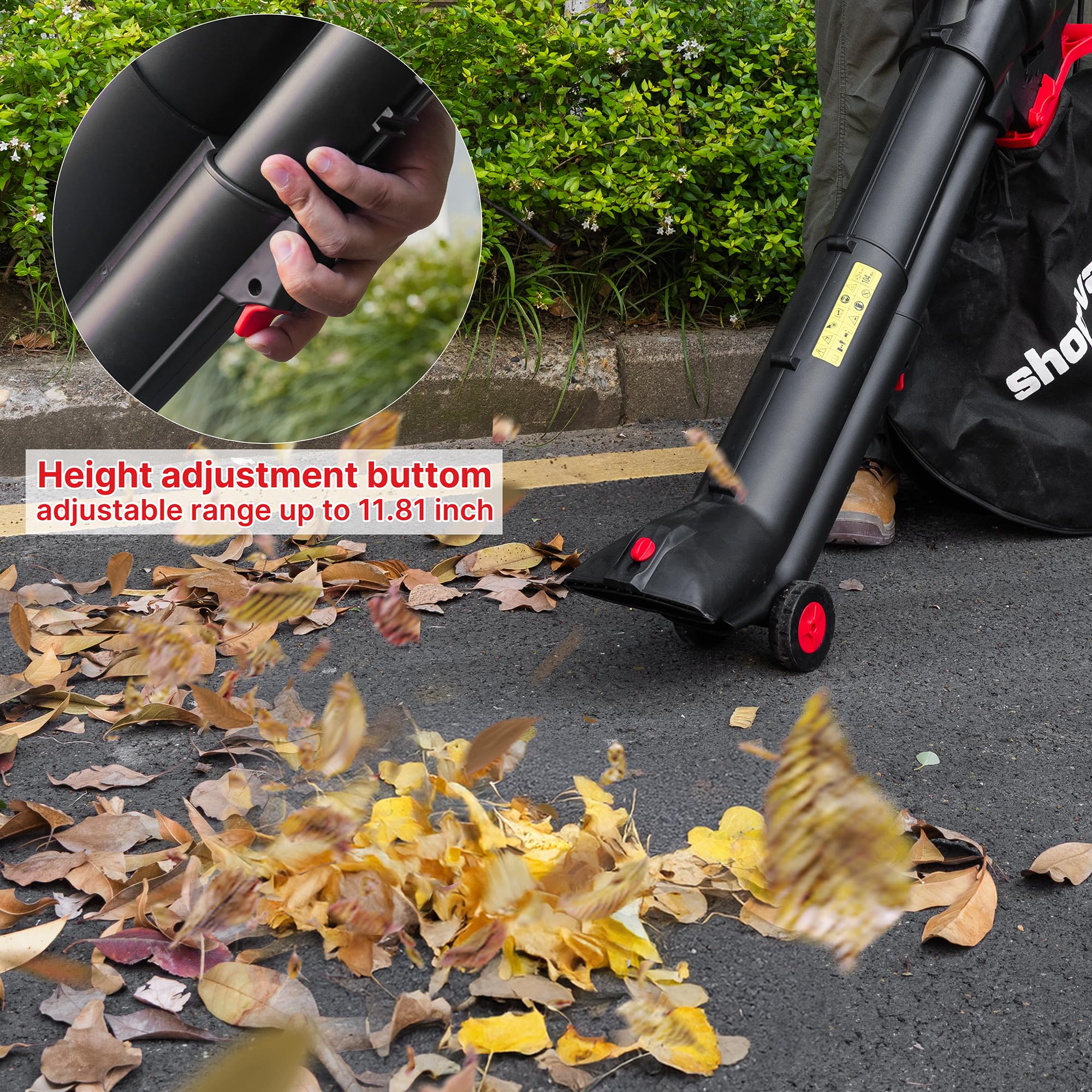 Close-up of the height adjustment button on the leaf blower/vacuum