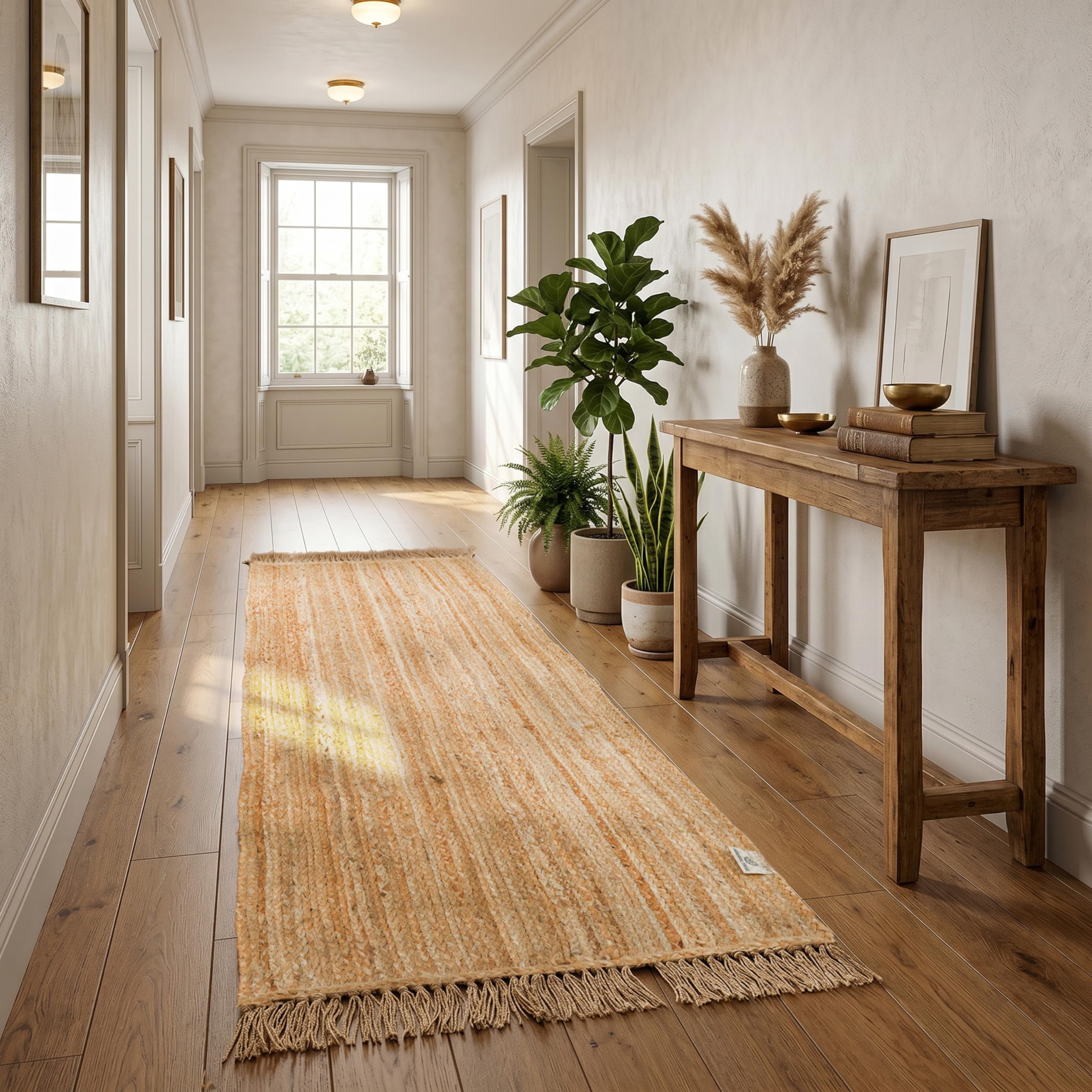 FURNISHFUL FINESSE Handwoven Natural Jute Runner Rug with Tassels – 60 x 180 cm Reversible Organic Fiber Area Rug – Rustic Vintage Boho Chic Home Decor, Eco-Friendly Hard-Wearing Hallway Pass Mat