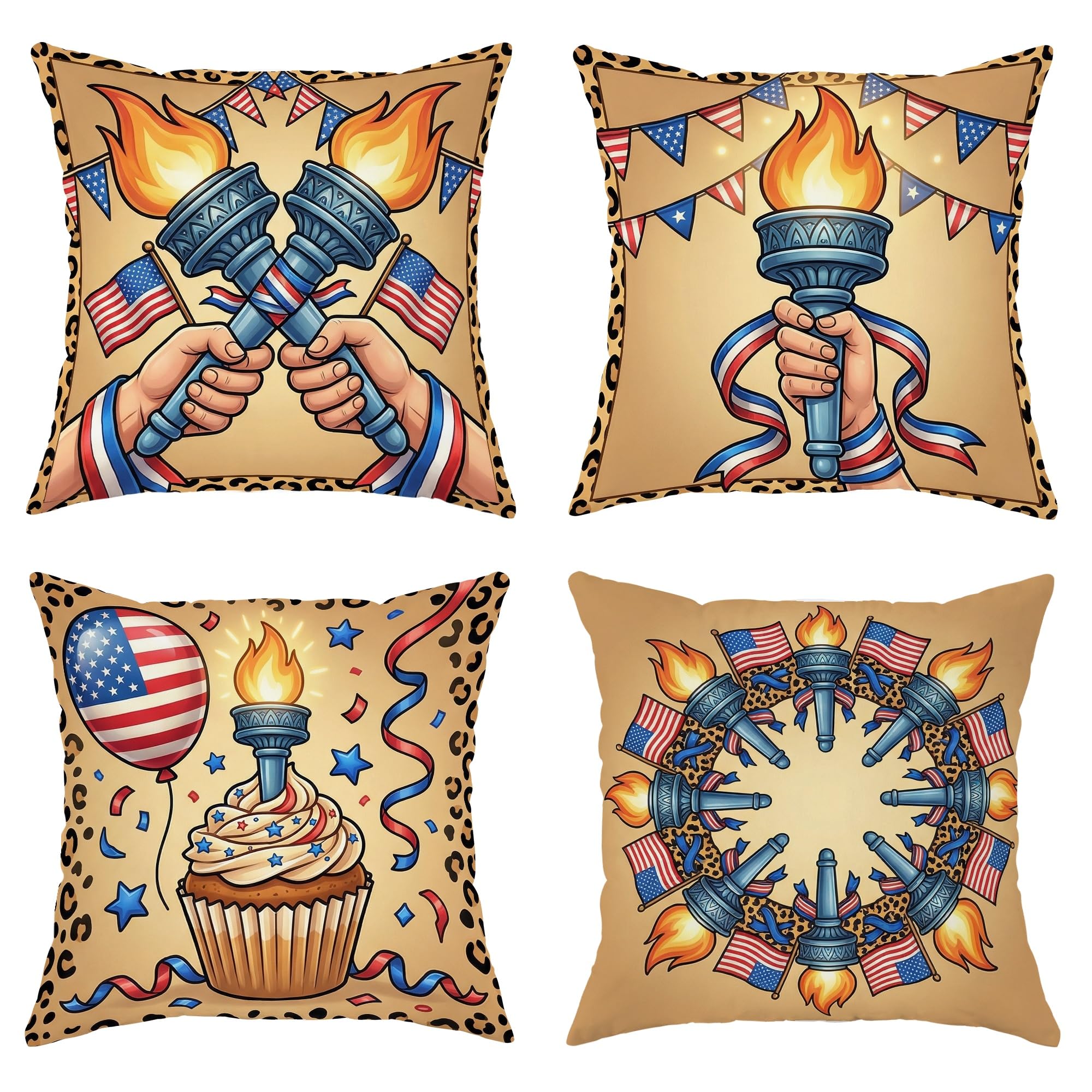 Housse de coussin décorative motif flambeau et patriotique pour salon lot de 4