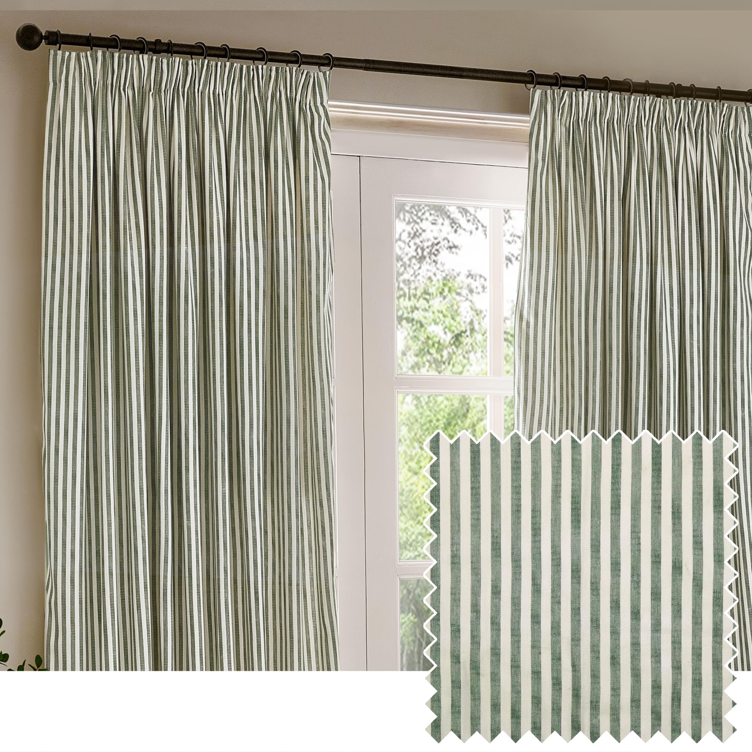 Yard Hebden Pencil Pleat Curtain Pair – Ultra Soft Cotton Lined Striped Curtains (Forest - 168x137cm)