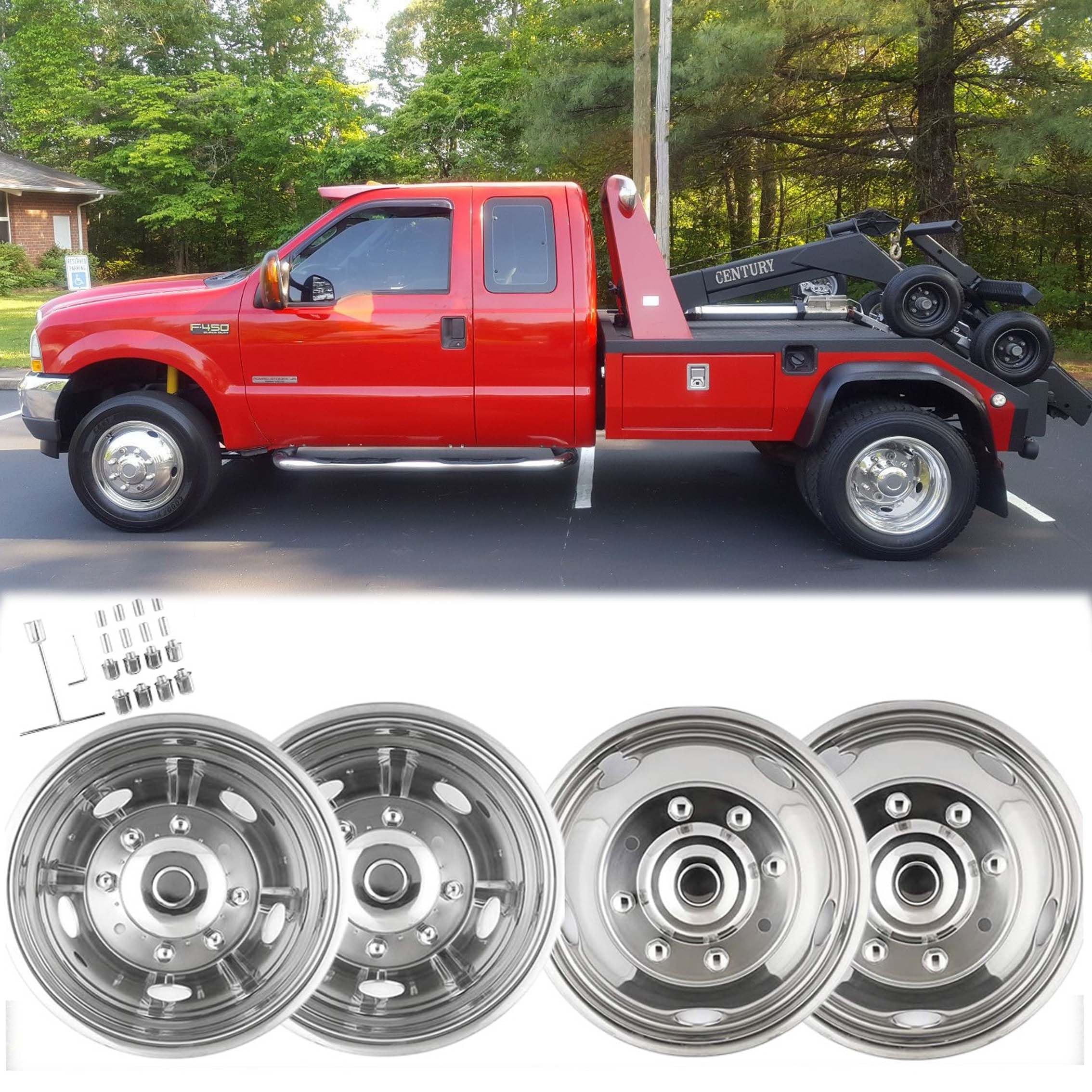 4pcs 19.5inch Polished Stainless Steel Dually Wheel Simulators, Nice Looking Bolt On Wheel Cover, 8 Lug Hubcaps fit for 1999-2004 Ford F450 F550 with Installation Tools