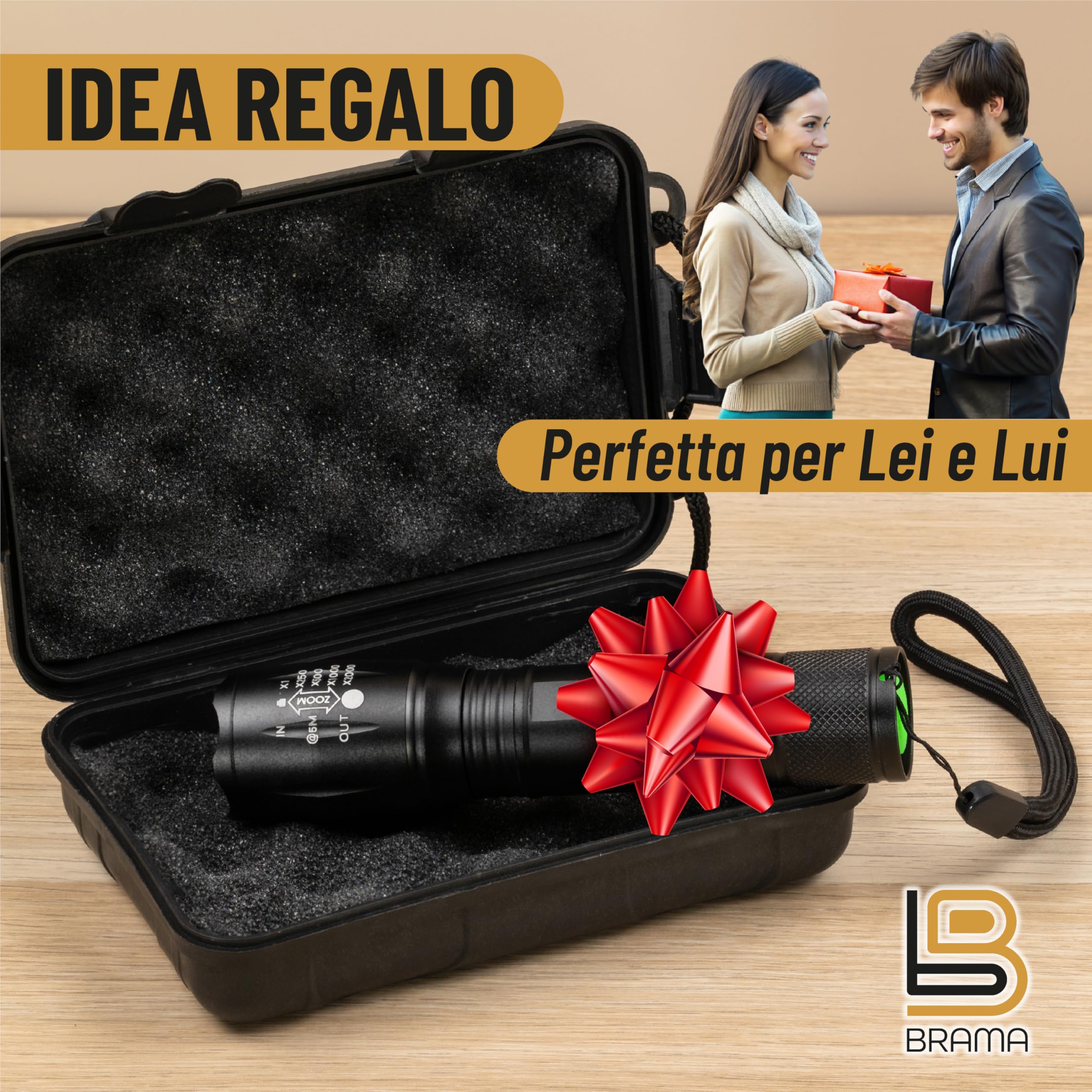 Generico Torcia LED Ricaricabile Potente – Zoom Regolabile, 5 Modalità, Impermeabile, per Emergenze e Outdoor, con Beauty Case Antiurto-Idea Regalo