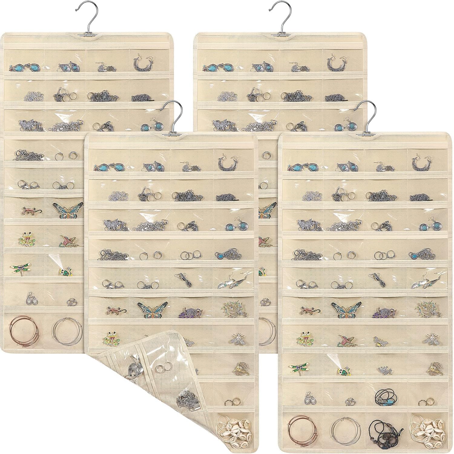 Kenning 4 Pcs Hanging Jewelry Organizer with 80 Pockets Earring Storage Organizer Dual Sided Earring Holder Necklace Hanger Closet for Bracelet, Necklace, Ring, Knitting Tool, Accessories, Beige