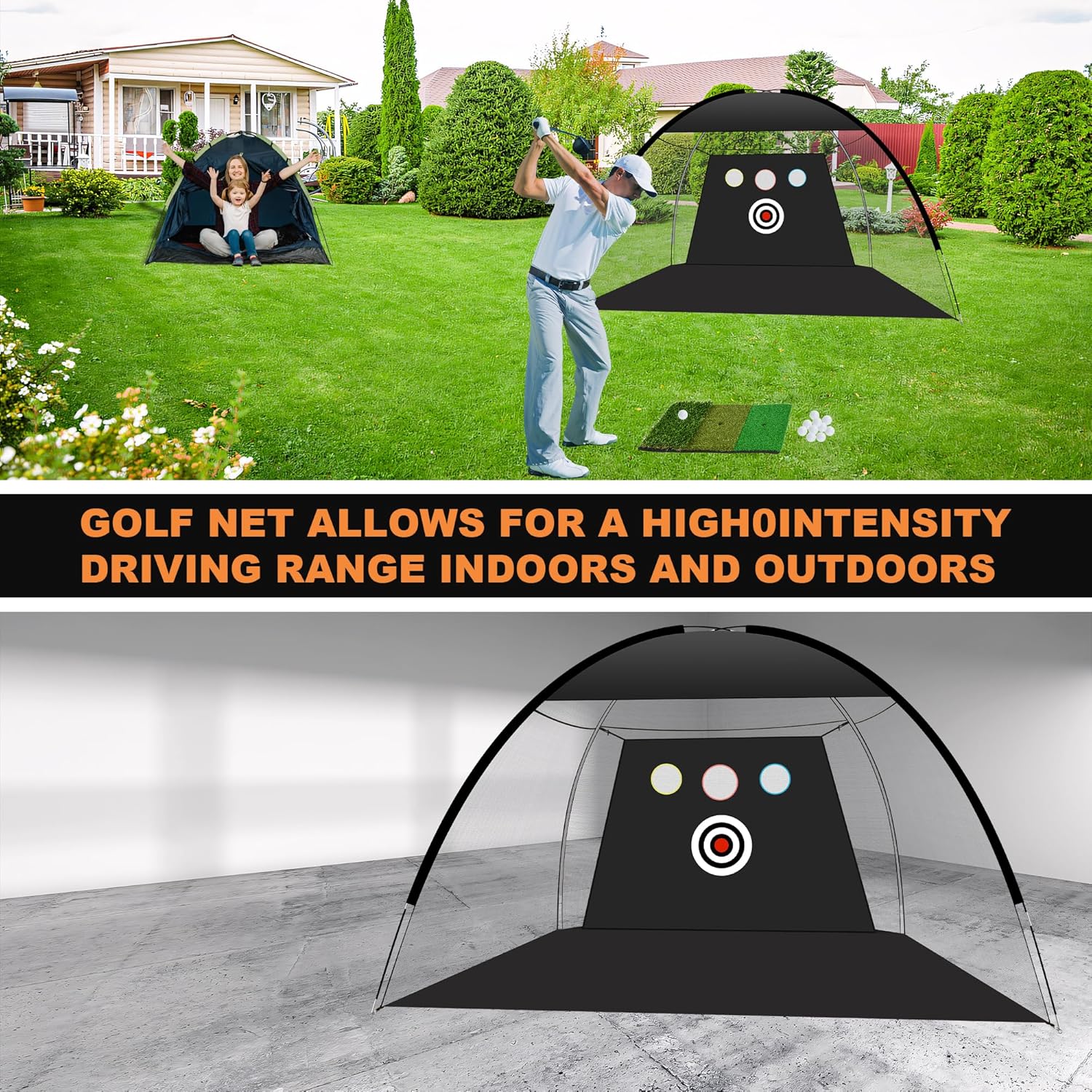 Golf Net, 10x7ft All in 1 Golf Practice Net with Golf Mat, Impact Target, 10 Golf Balls, 1 Golf Tees, 1 Carry Bag, Golf Net for Backyard Driving Chipping Indoor
