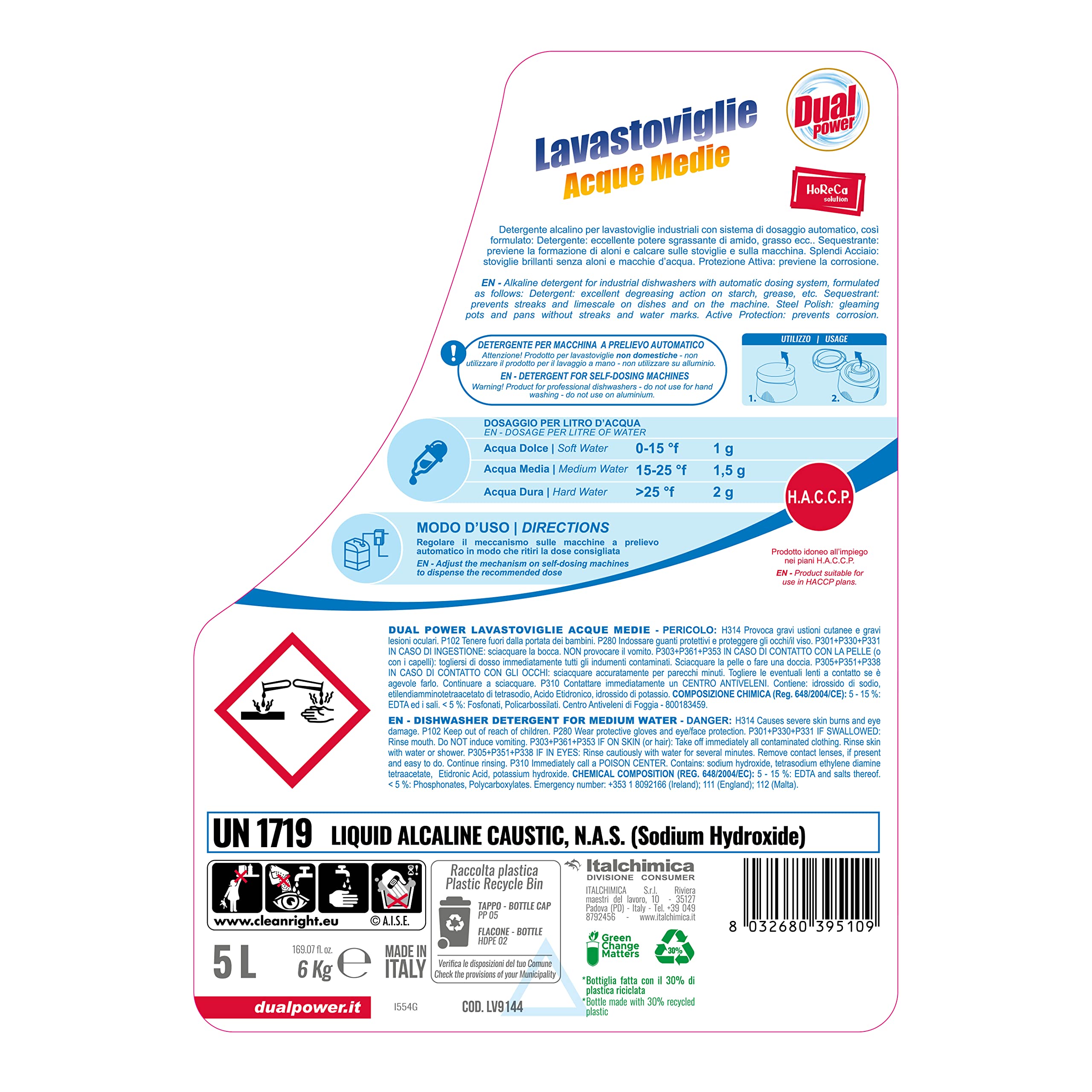 Dual Power Detergente Alcalino HACCP - Igienizzante per Lavastoviglie Industriali con Dosaggio Automatico - Acque Medie