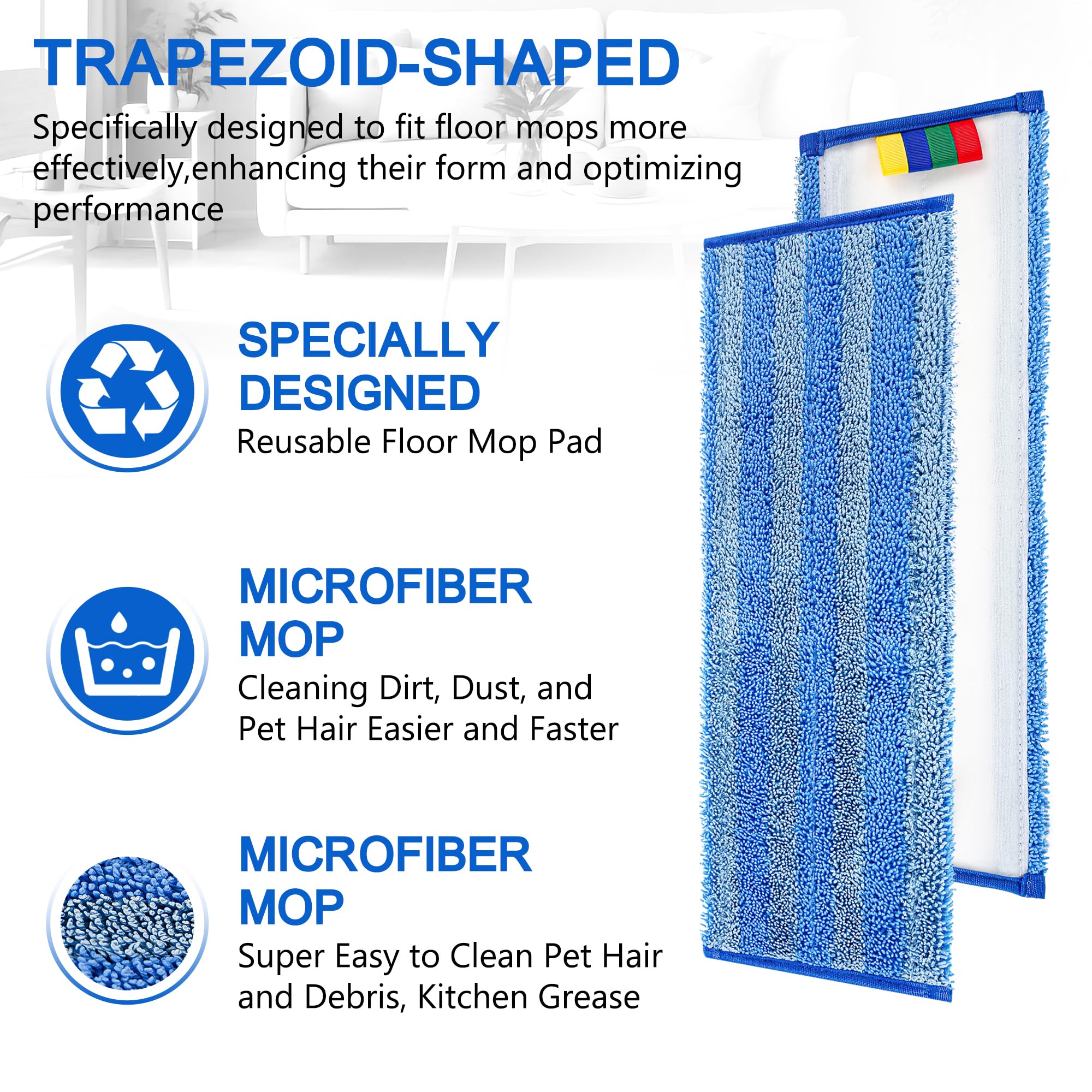 Paquete de 15 almohadillas trapezoidales de microfibra para fregonas, perfectas para fregonas de 17 a 18 pulgadas, llega a las esquinas mejor que las almohadillas estándar, recambios reutilizables