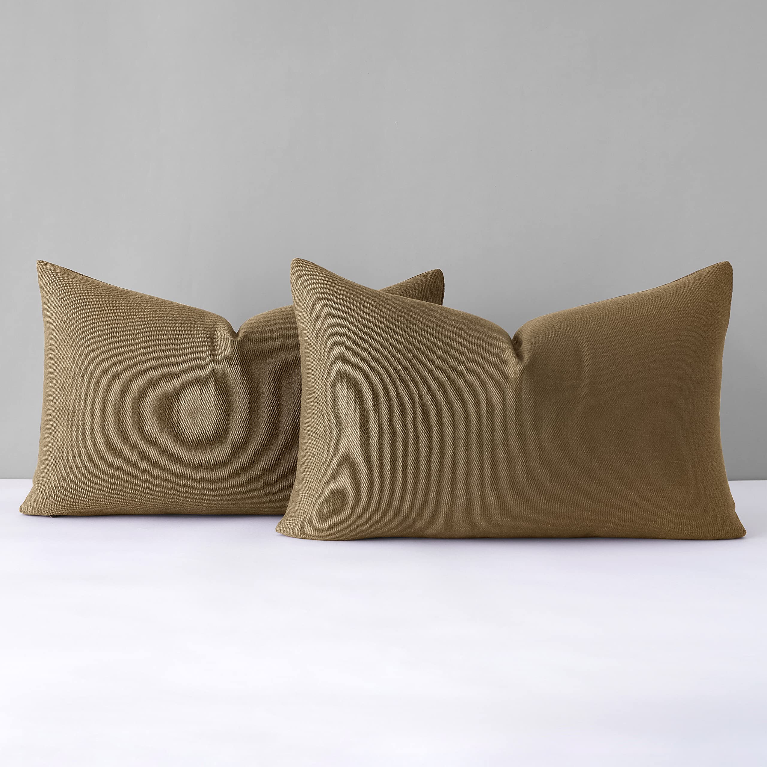Mixhug Decorative Linen Throw Pillow Covers, Farmhouse Lumbar Cushion Covers for Couch and Bed, Brown, 12 x 20 Inches, Set of 2