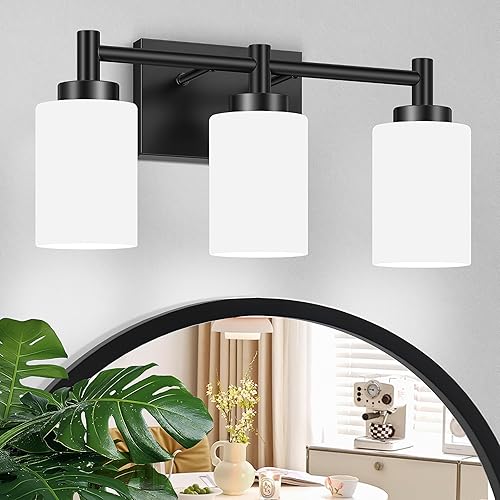 3-Light Bathroom Vanity Light Fixtures Over Mirror, Rustproof Vanity Lights for Bathroom, Modern Black Bathroom Lights Wall Mount with Milky White