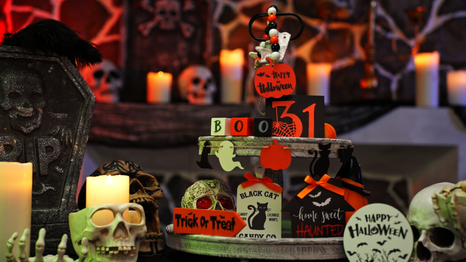 Britimes Halloween Wooden Tiered Tray Signs - Spooky Eyeball Truck Decor With BOO & Trick Or Treat Blocks For Shelf Or Table - View #9
