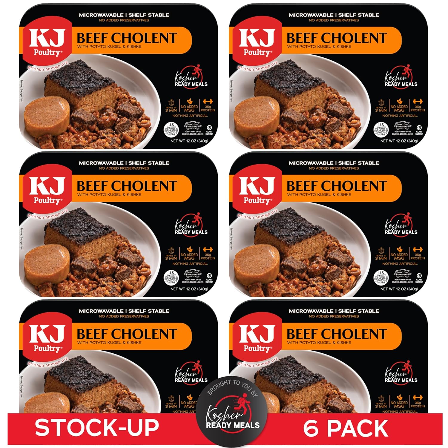KJ Poultry Kosher Ready Meals - Beef Chulent & Kugel, MRE Meat Meals Ready to Eat, Shabbat Food (6 Pack) Prepared Entree Fully Cooked, Shelf Stable Microwave Dinner Travel, Military, Camping, Survival