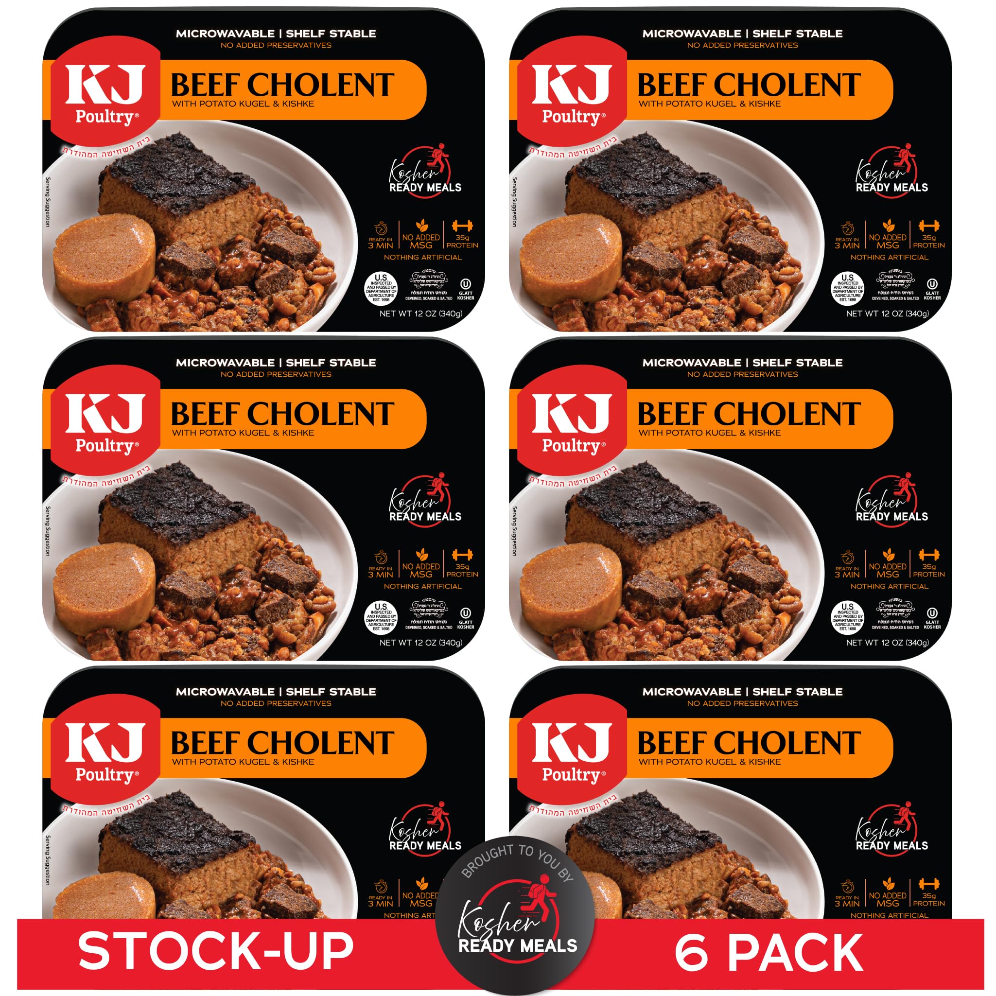 Koscher MRE Fleischgerichte verzehrfertig, Rindfleisch Chulent & Kugel (6er Pack) Fertiggerichte Shabbos Vollgekocht ungekühlt haltbar Mikrowellendinner - Reisen, Militär, Camping, Notüberleben